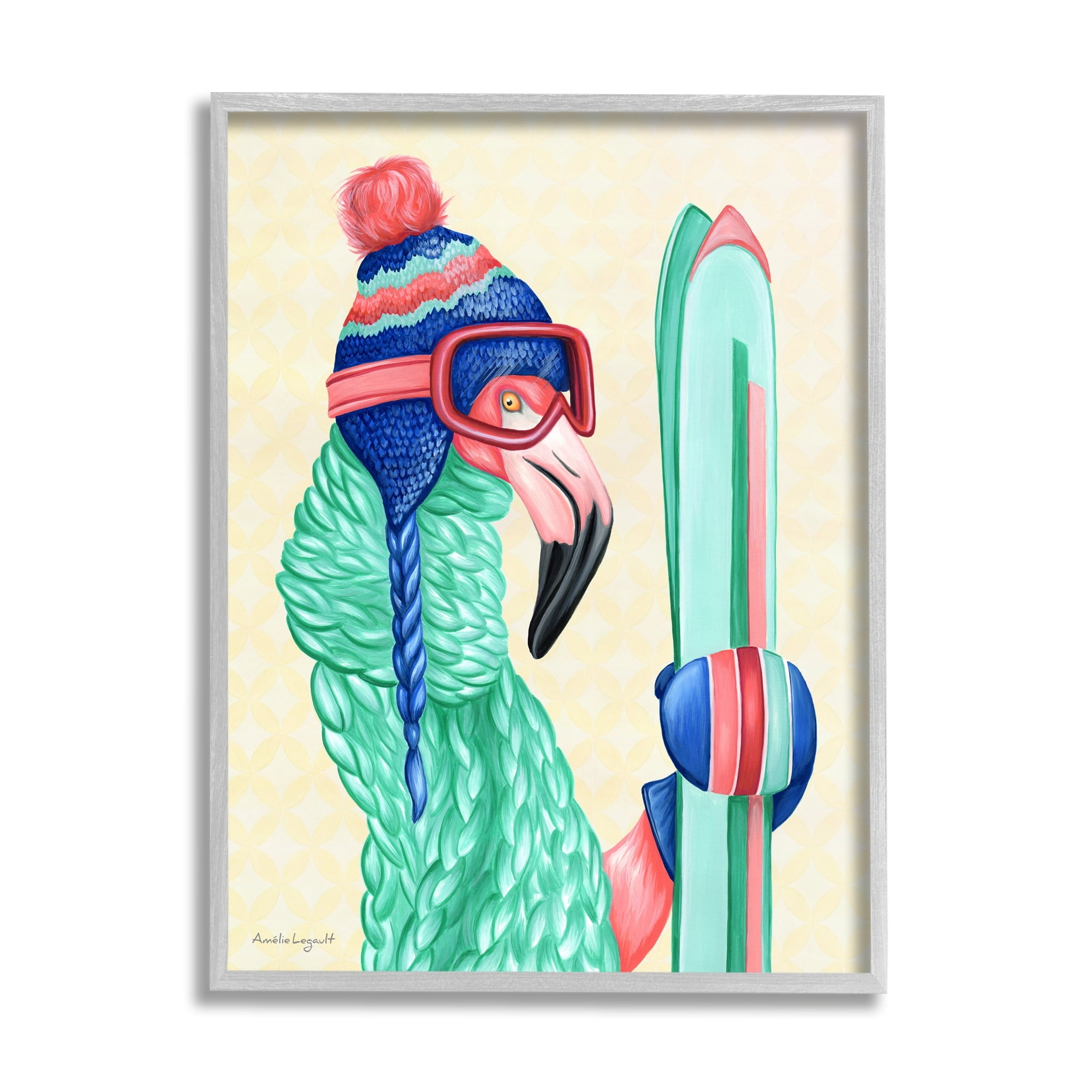 Stupell Industries Flamingo Bird Wearing Skiing Winter Sports Clothes Graphic Art Gray Framed Art Print Wall Art, Design by Amelie Legault