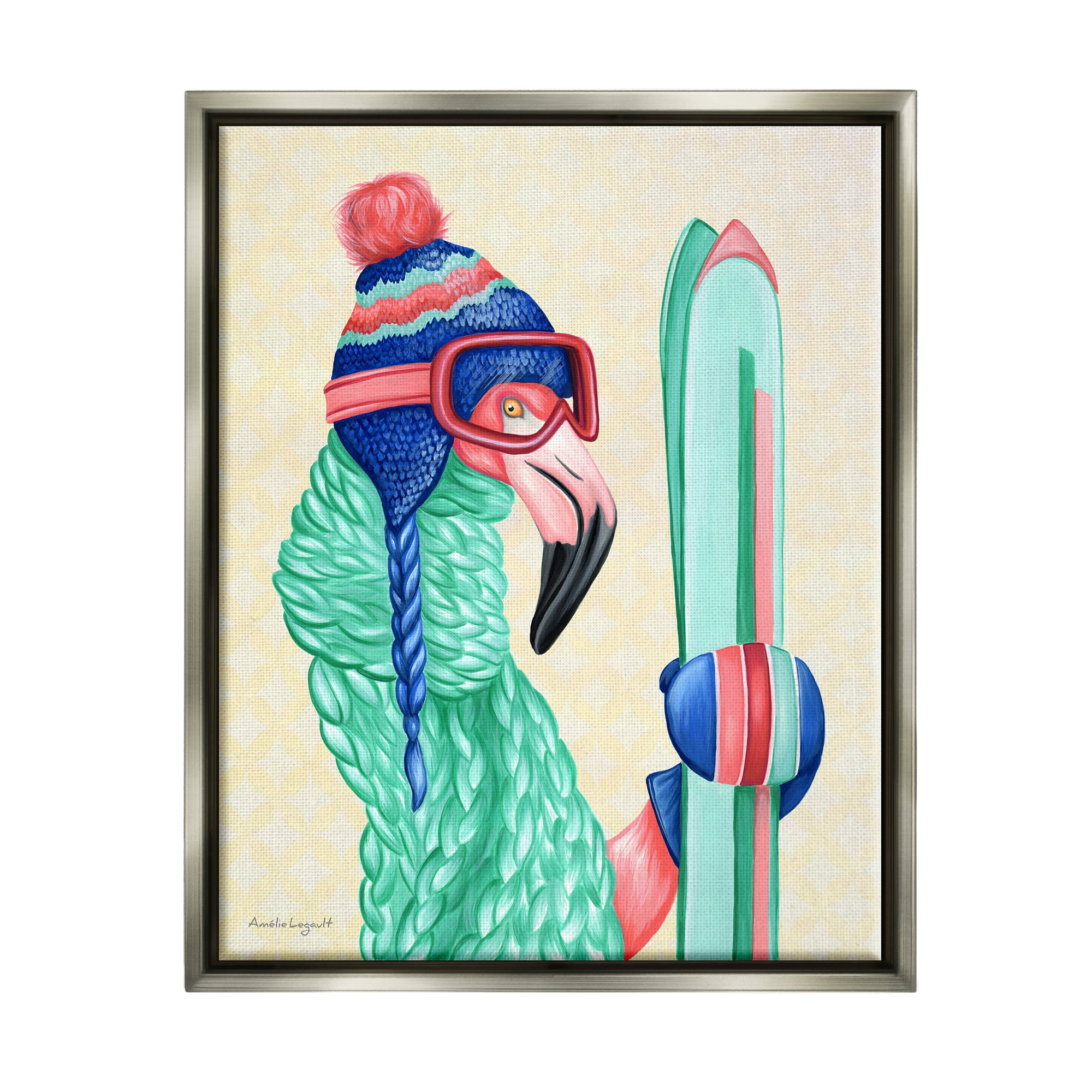 Stupell Industries Flamingo Bird Wearing Skiing Winter Sports Clothes Graphic Art Luster Gray Floating Framed Canvas Print Wall Art, Design by Amelie Legault