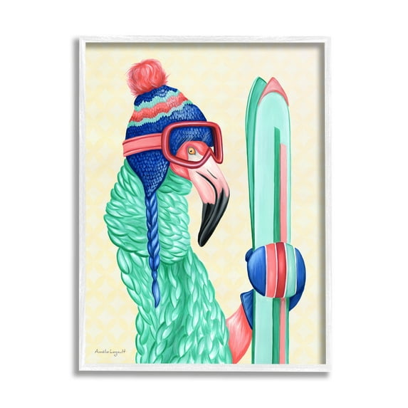 Stupell Industries Flamingo Bird Wearing Skiing Winter Sports Clothes Graphic Art White Framed Art Print Wall Art, Design by Amelie Legault
