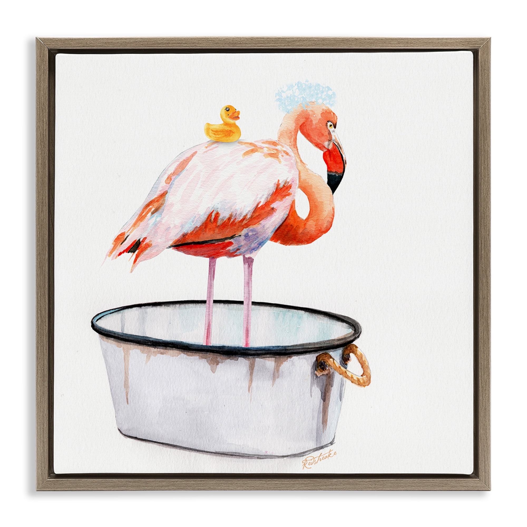Stupell Industries Flamingo Bubble Bath Time Animals & Insects Painting Brown Floater Framed Canvas Art Print Wall Art, 25 x 25