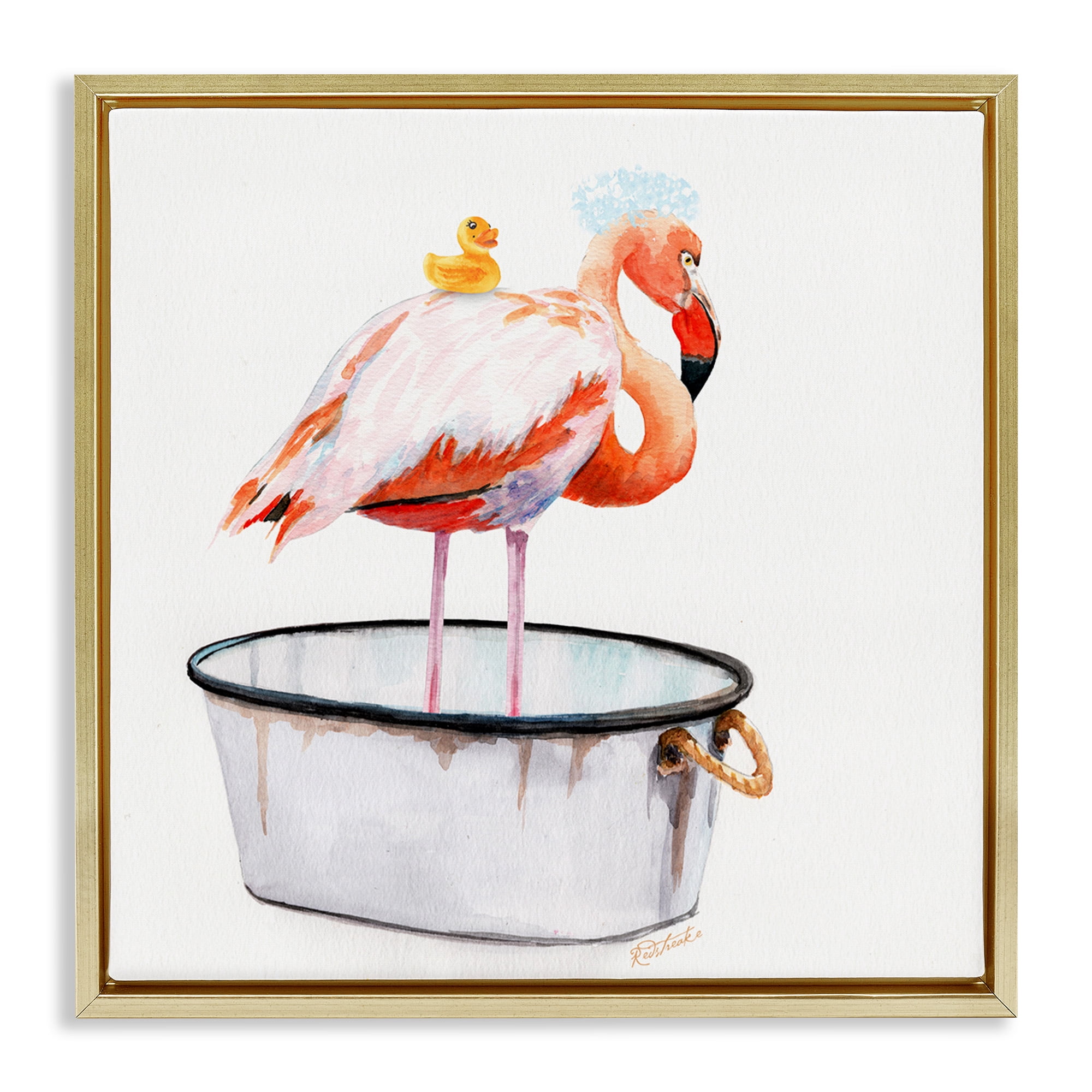 Stupell Industries Flamingo Bubble Bath Time Animals & Insects Painting Gold Floater Framed Canvas Art Print Wall Art, 18 x 18