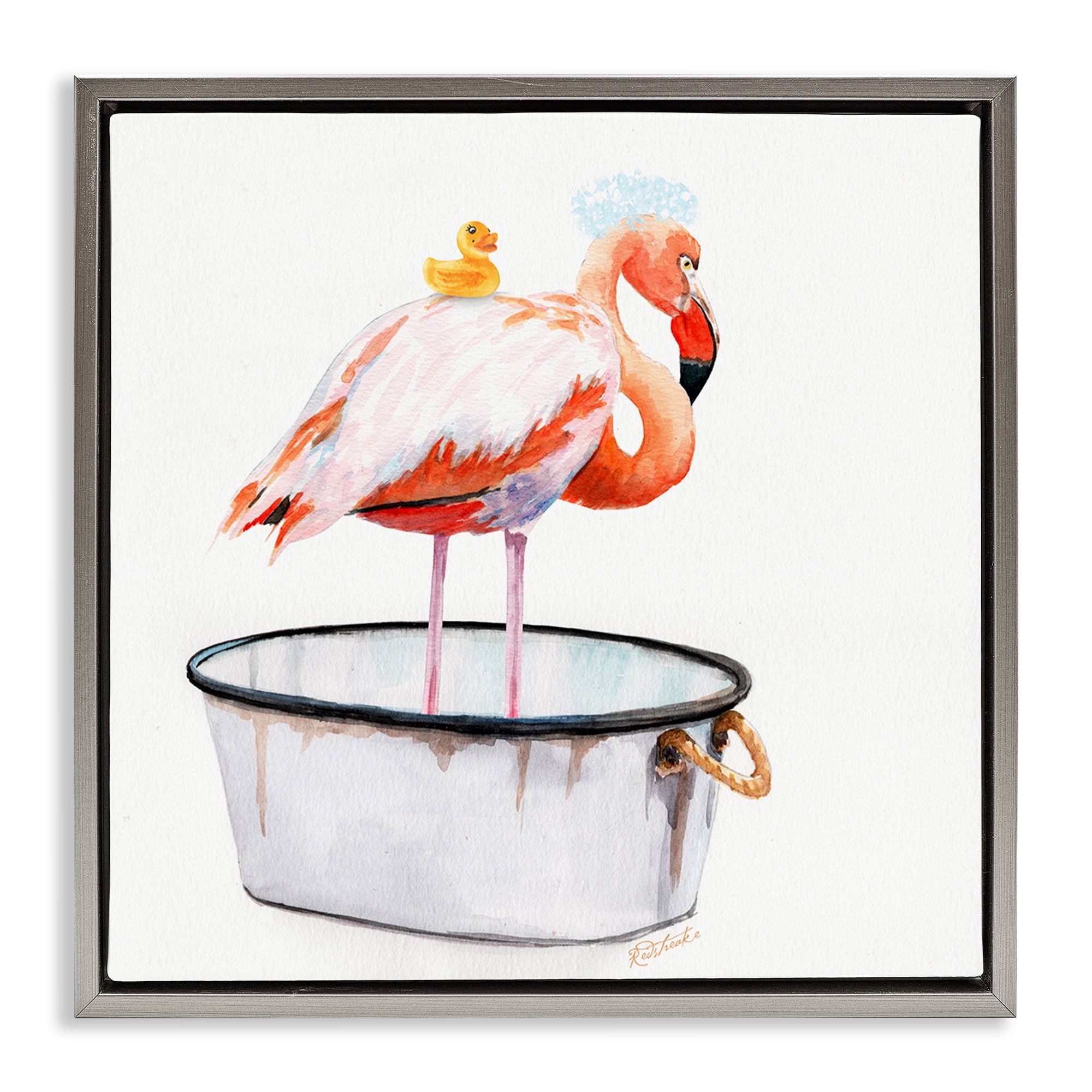 Stupell Industries Flamingo Bubble Bath Time Animals & Insects Painting Gray Floater Framed Canvas Art Print Wall Art, 18 x 18
