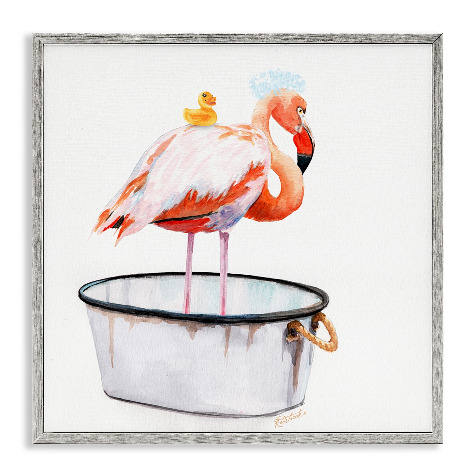 Stupell Industries Flamingo Bubble Bath Time Animals & Insects Painting Gray Framed Art Print Wall Art, 12 x 12