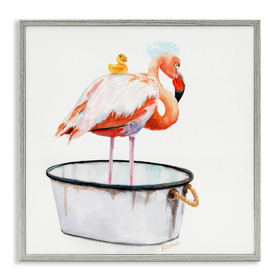 Stupell Industries Flamingo Bubble Bath Time Animals & Insects Painting Gray Framed Art Print Wall Art, 24 x 24