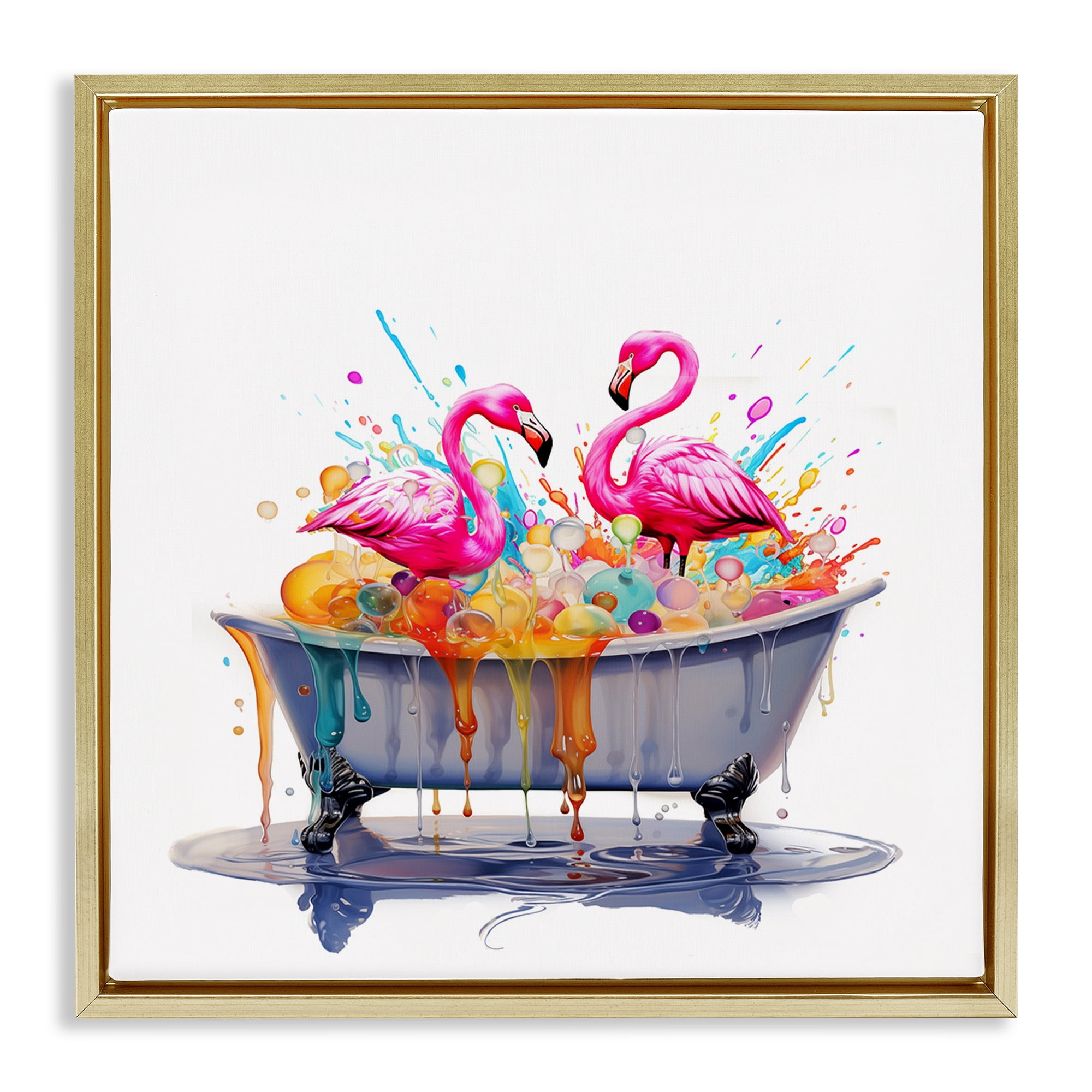 Stupell Industries Flamingo Bubble Bath Typography Painting Gold Floater Framed Canvas Art Print Wall Art, 18 x 18