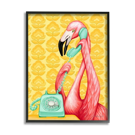 Stupell Industries Flamingo Calling Dial Telephone Groovy Flowers Wallpaper Graphic Art Black Framed Art Print Wall Art, Design by Amelie Legault