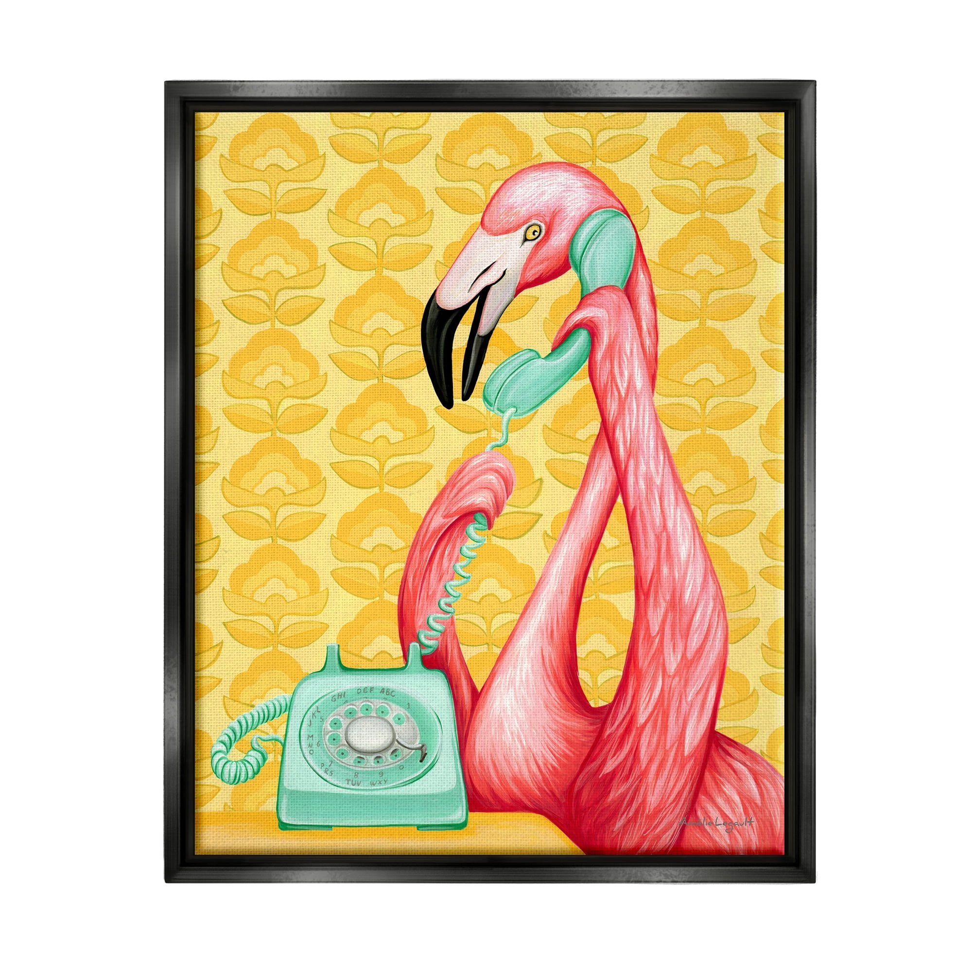 Stupell Industries Flamingo Calling Dial Telephone Groovy Flowers Wallpaper Graphic Art Jet Black Floating Framed Canvas Print Wall Art, Design by Amelie Legault