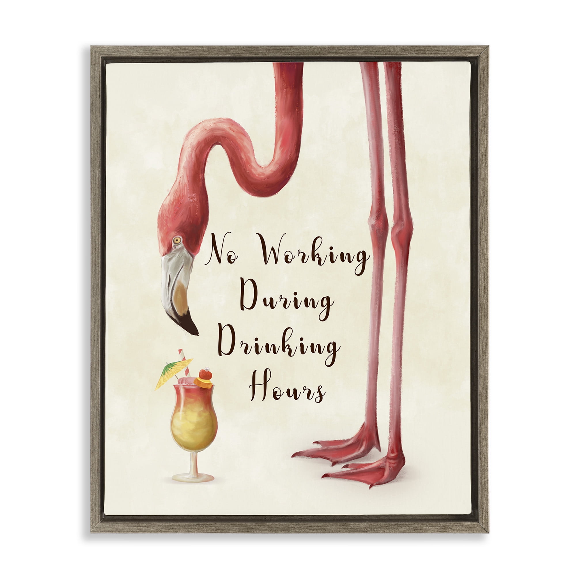 Stupell Industries Flamingo & Cocktail Phrase Animals & Insects Painting Brown Floater Framed Canvas Art Print Wall Art, 25 x 31