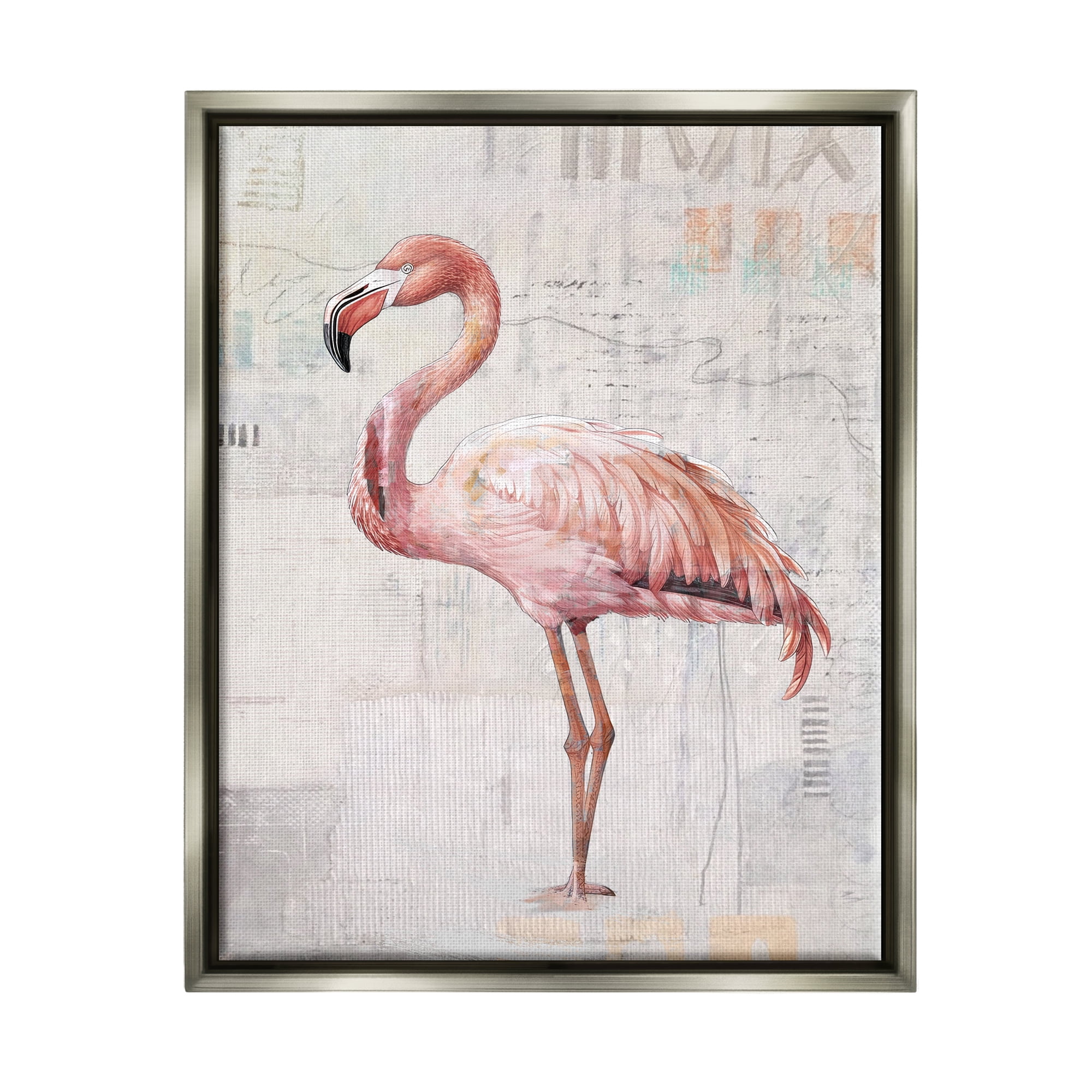 Stupell Industries Flamingo Collage Portrait Animals & Insects Painting Gray Floater Framed Canvas Art Print Wall Art, 17 x 21