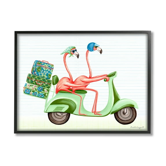 Stupell Industries Flamingo Couple Riding Motor Scooter Packed Luggage Graphic Art Black Framed Art Print Wall Art, Design by Amelie Legault