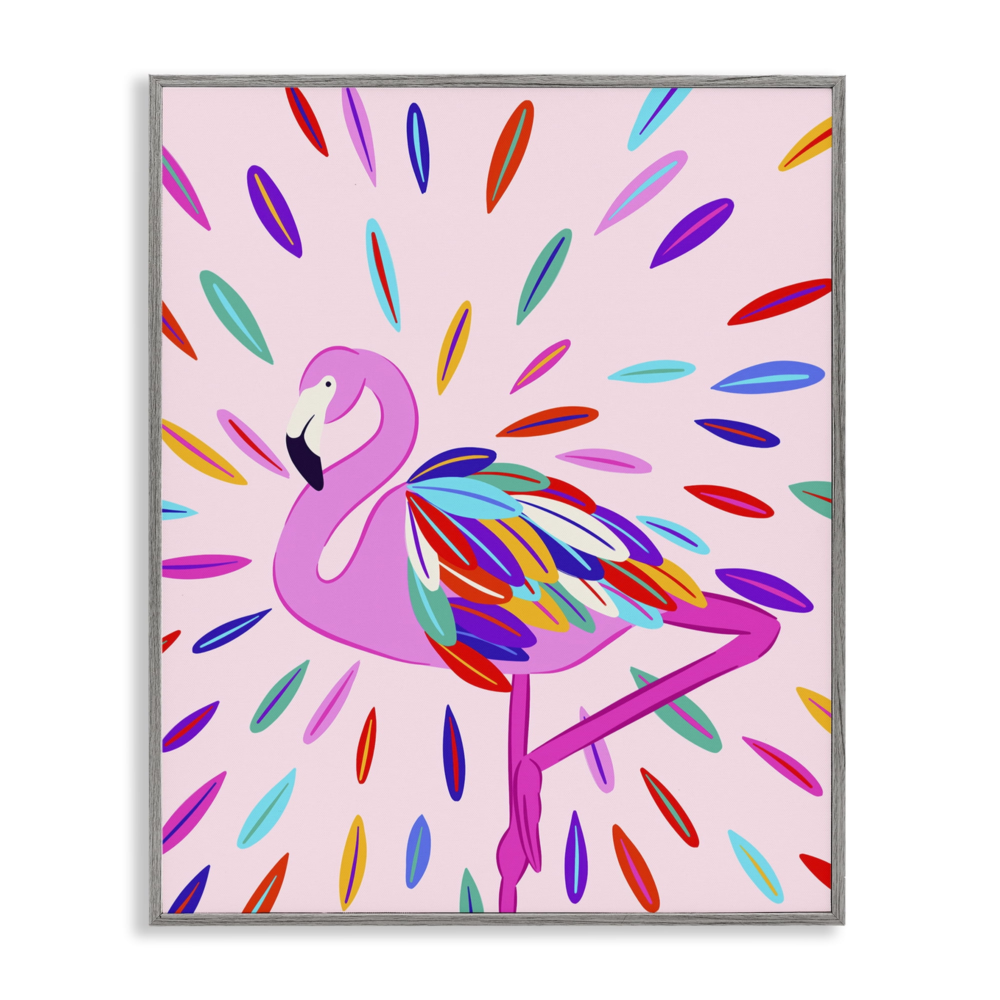 Stupell Industries Flamingo Feather Flair Animals Painting Gray Framed Art Print Wall Art, 16 x 20