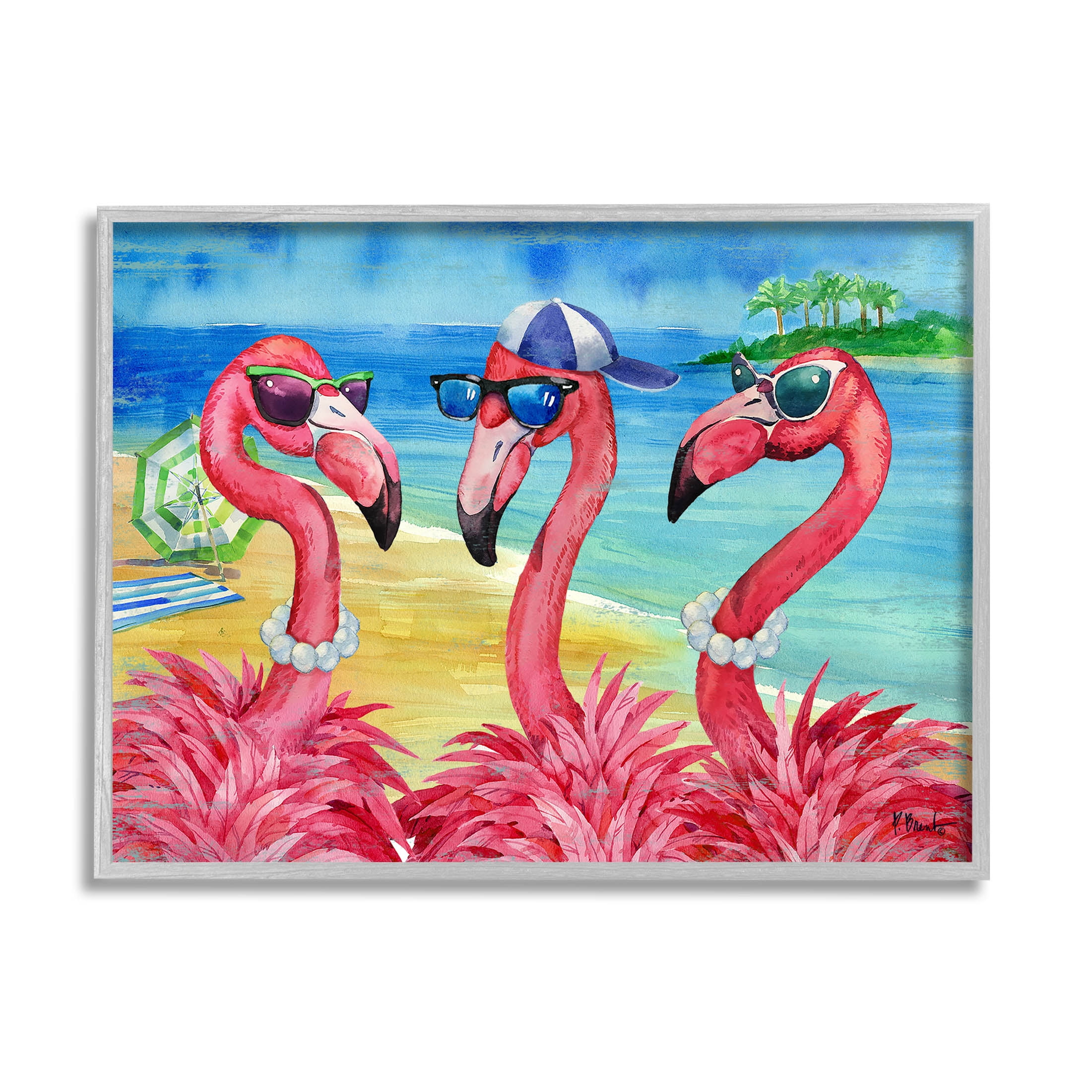 Stupell Industries Flamingo Friends Tropical Island Coast Graphic Art Gray Framed Art Print Wall Art, Design by Paul Brent