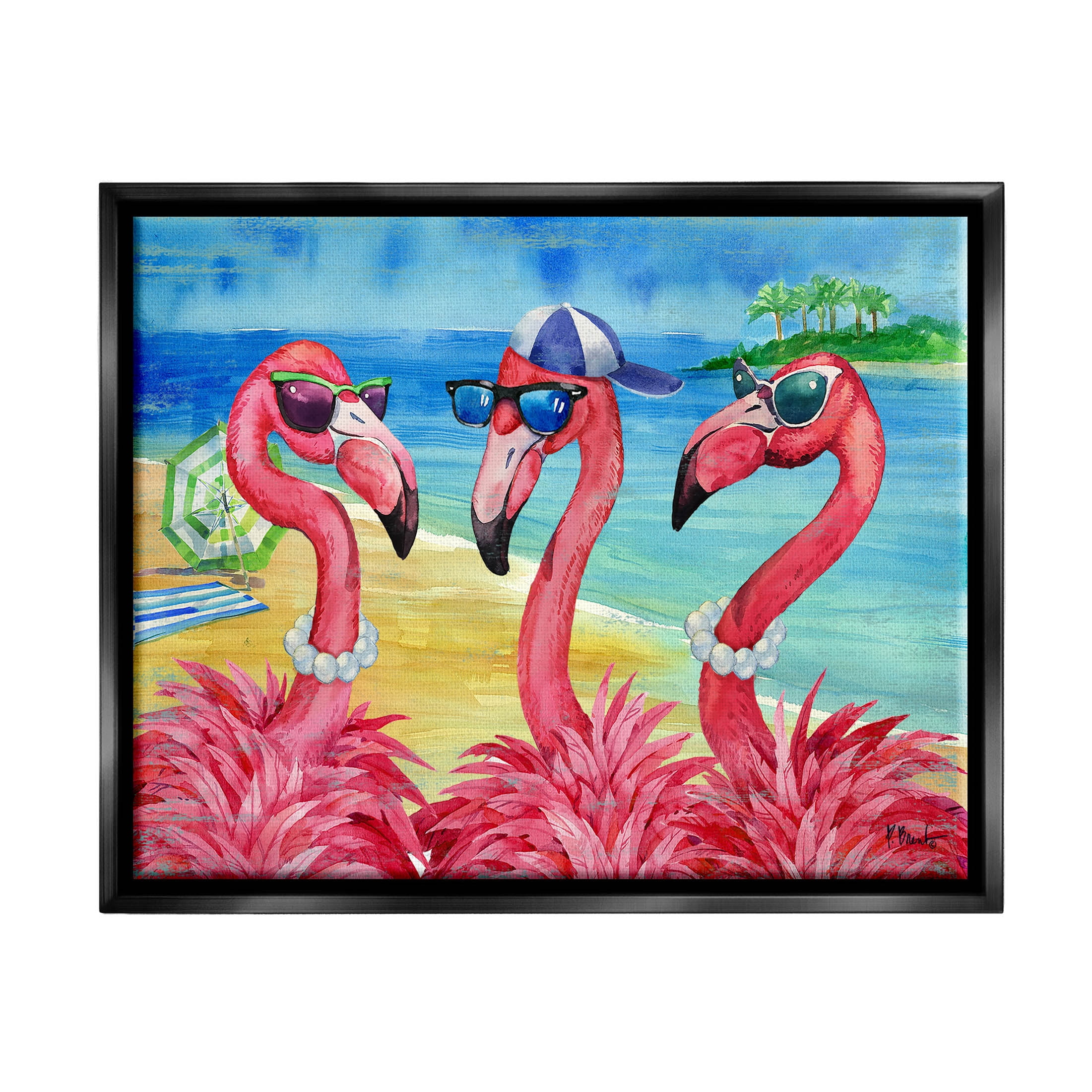 Stupell Industries Flamingo Friends Tropical Island Coast Graphic Art Jet Black Floating Framed Canvas Print Wall Art, Design by Paul Brent