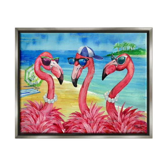 Stupell Industries Flamingo Friends Tropical Island Coast Graphic Art Luster Gray Floating Framed Canvas Print Wall Art, Design by Paul Brent