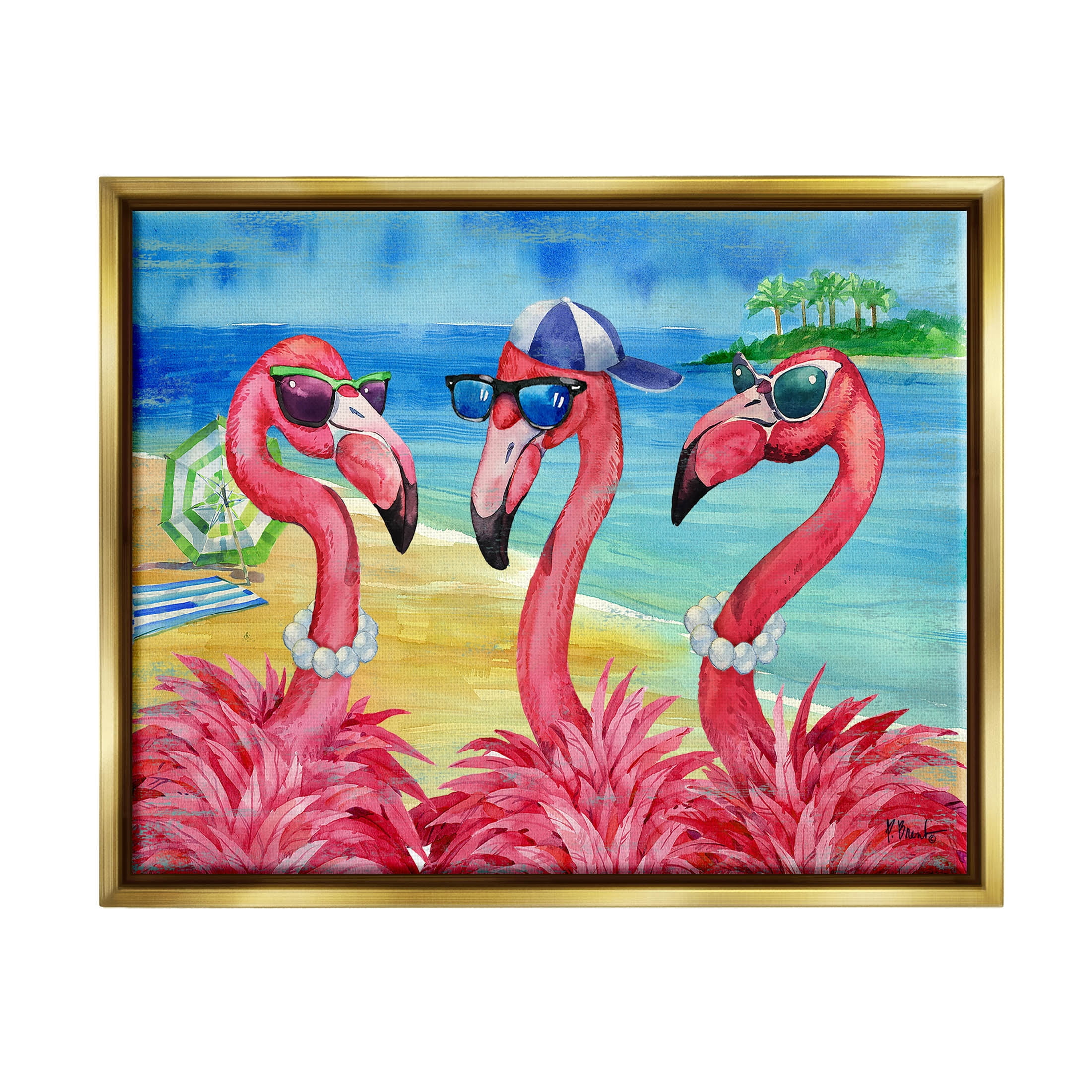 Stupell Industries Flamingo Friends Tropical Island Coast Graphic Art Metallic Gold Floating Framed Canvas Print Wall Art, Design by Paul Brent