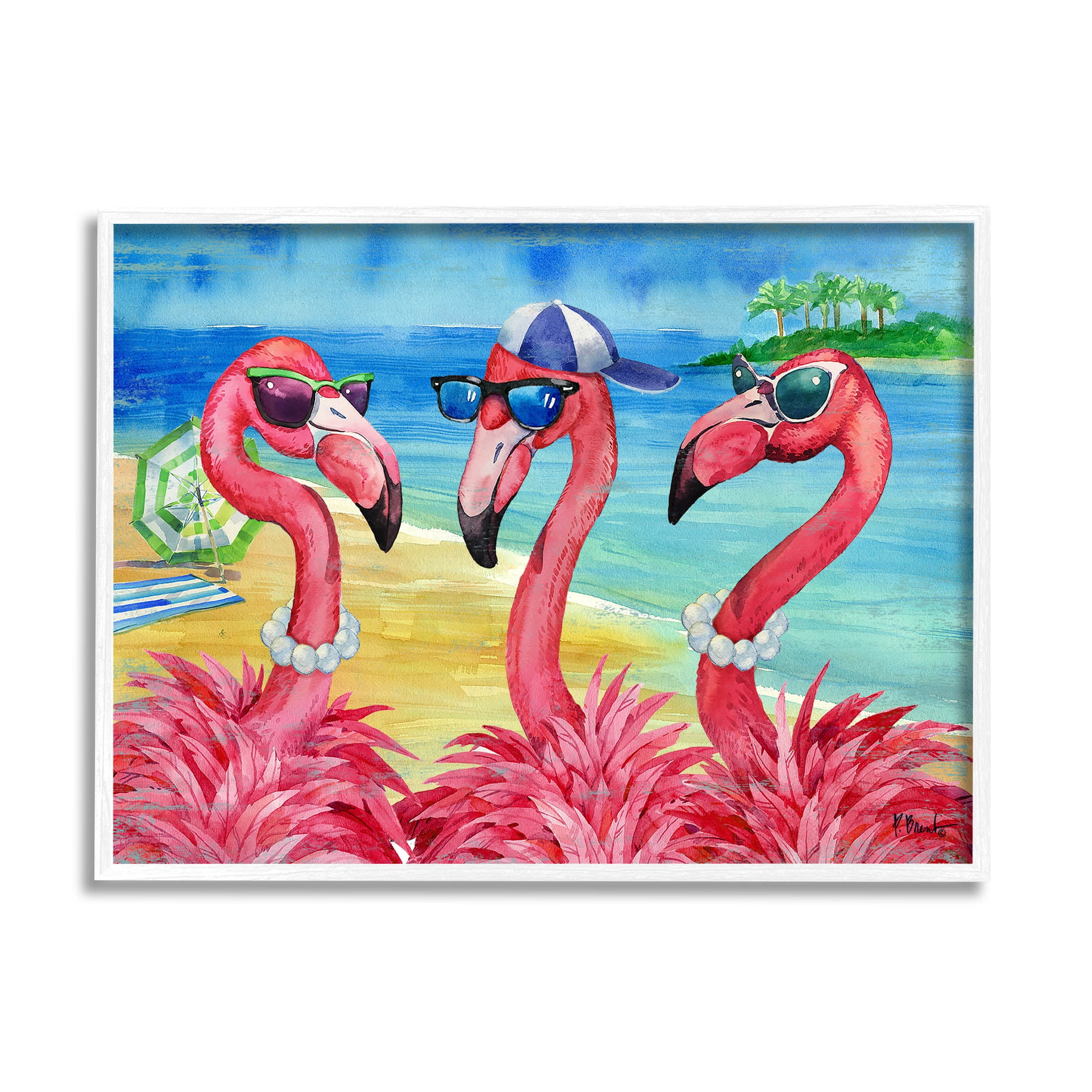 Stupell Industries Flamingo Friends Tropical Island Coast Graphic Art White Framed Art Print Wall Art, Design by Paul Brent