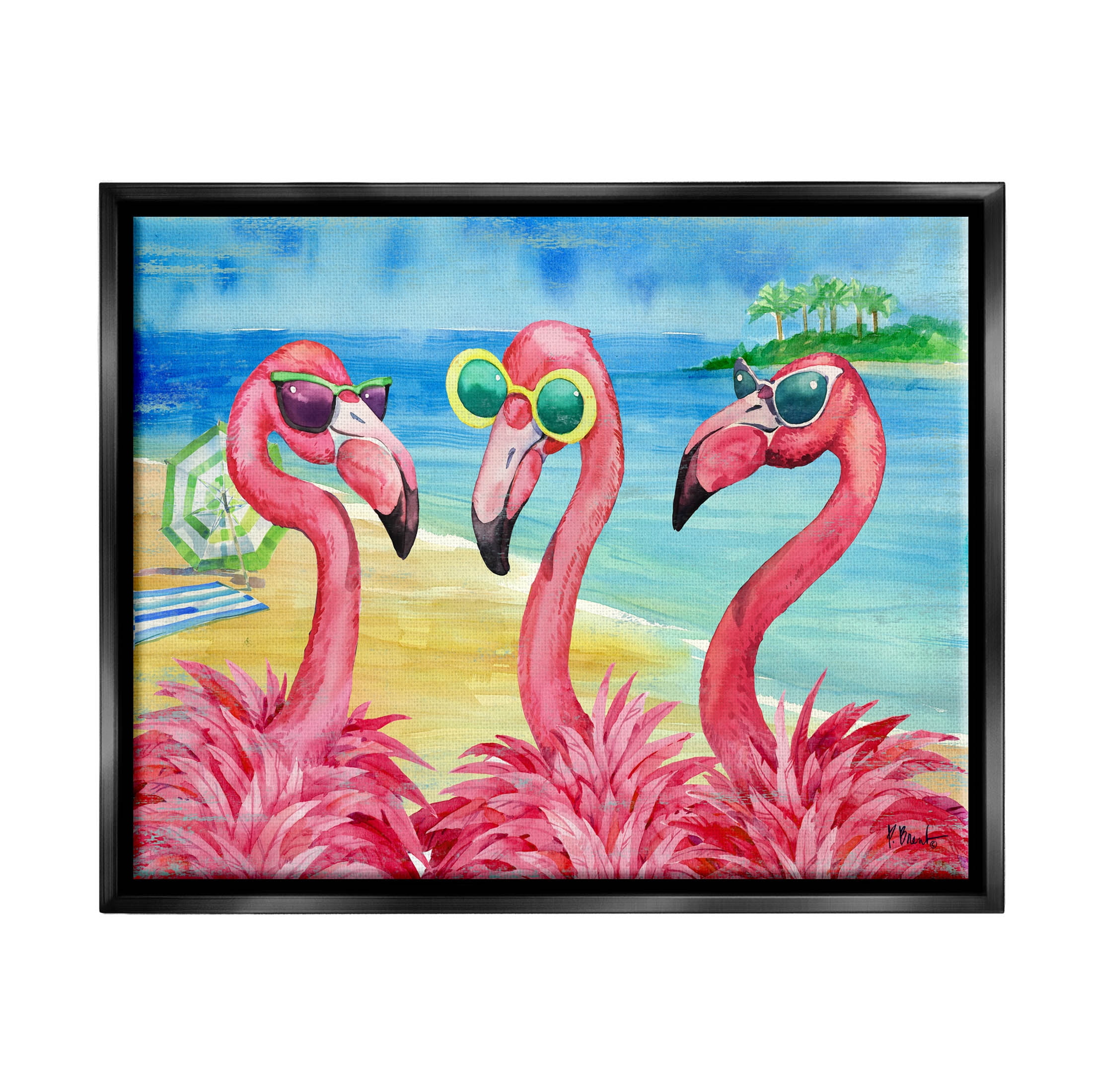 Stupell Industries Flamingo Girlfriends Tropical Coast Graphic Art Jet Black Floating Framed Canvas Print Wall Art, Design by Paul Brent