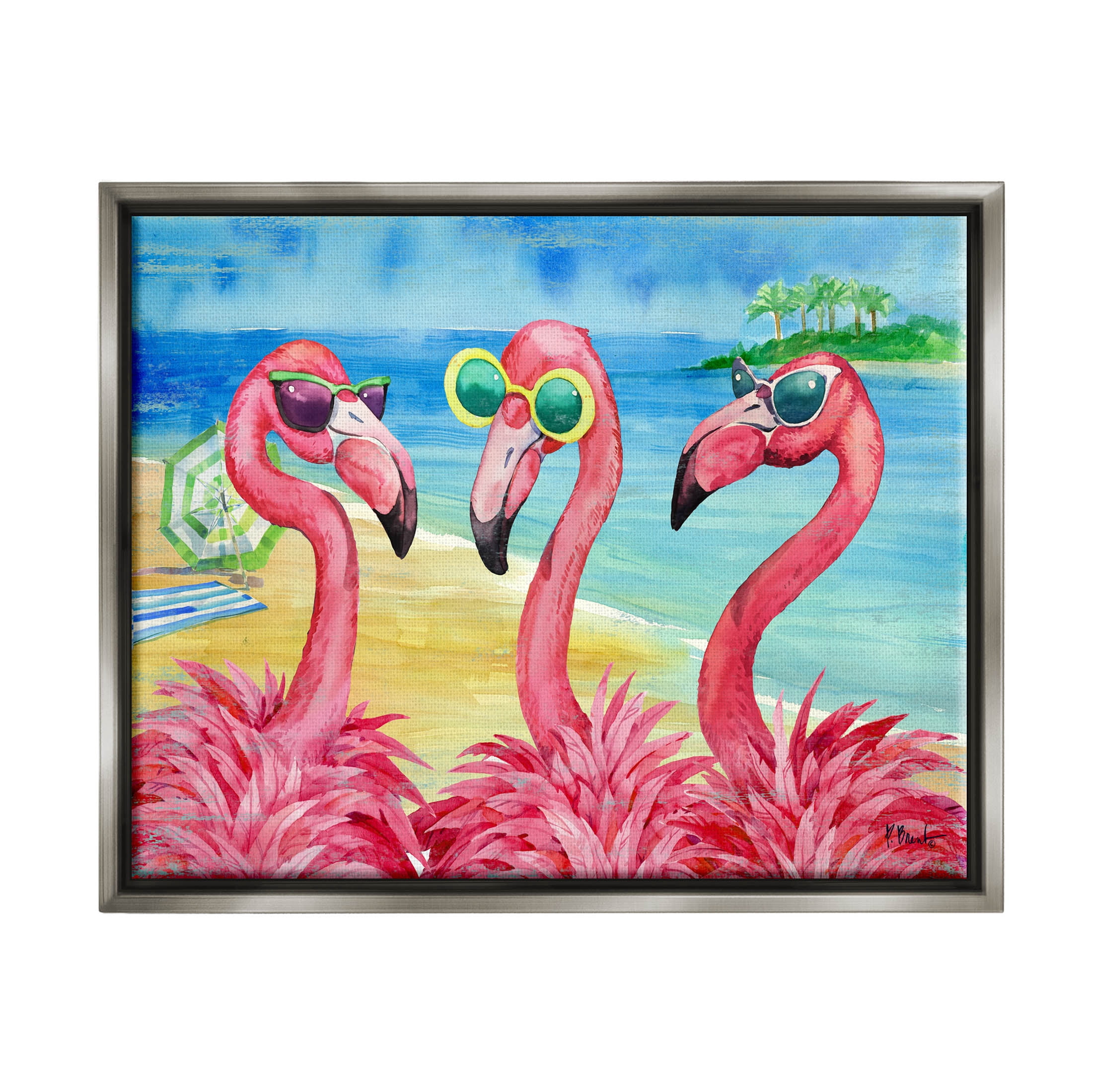 Stupell Industries Flamingo Girlfriends Tropical Coast Graphic Art Luster Gray Floating Framed Canvas Print Wall Art, Design by Paul Brent