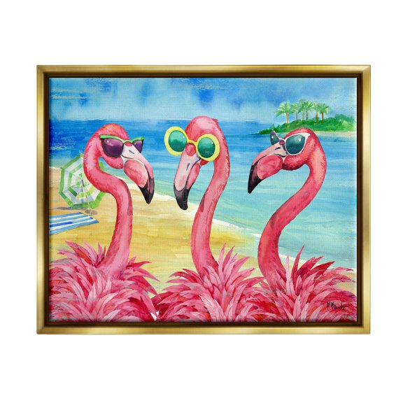 Stupell Industries Flamingo Girlfriends Tropical Coast Graphic Art Metallic Gold Floating Framed Canvas Print Wall Art, Design by Paul Brent
