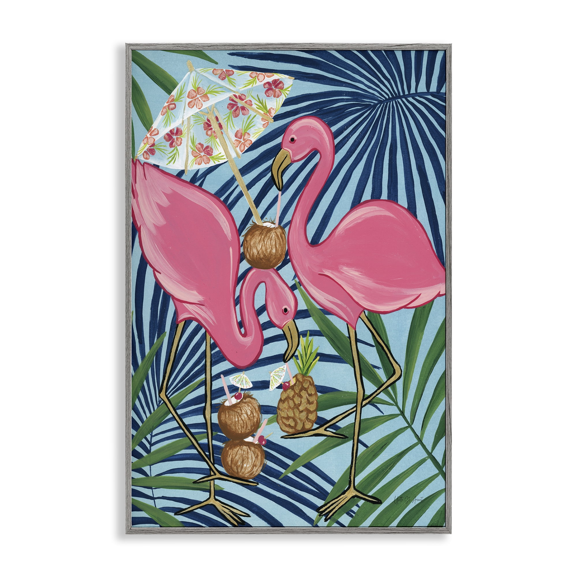 Stupell Industries Flamingo Happy Hour Animals Painting Gray Framed Art Print Wall Art, 16 x 24