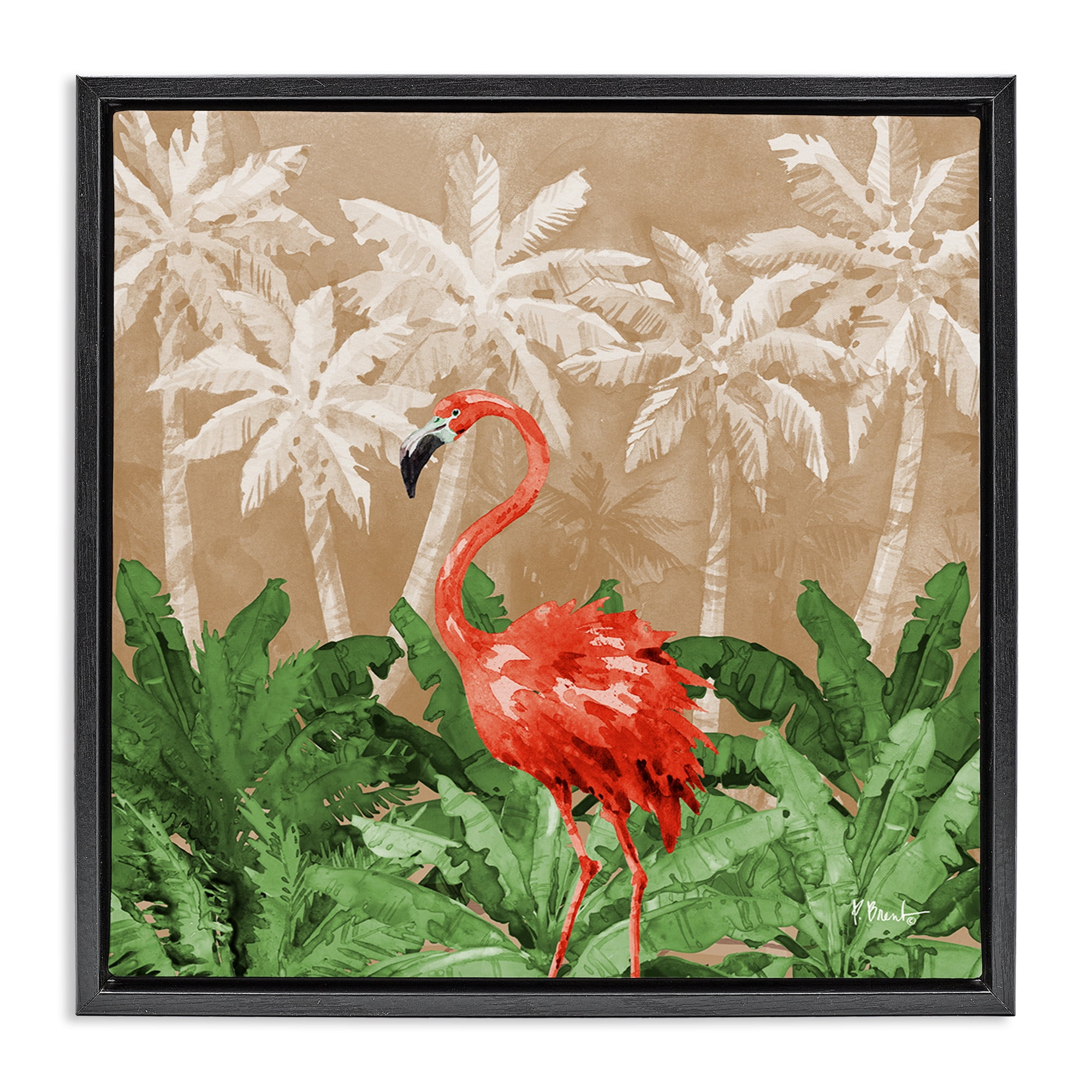 Stupell Industries Flamingo Jungle Scenery Animals & Insects Painting Black Floater Framed Canvas Art Print Wall Art, 25 x 25