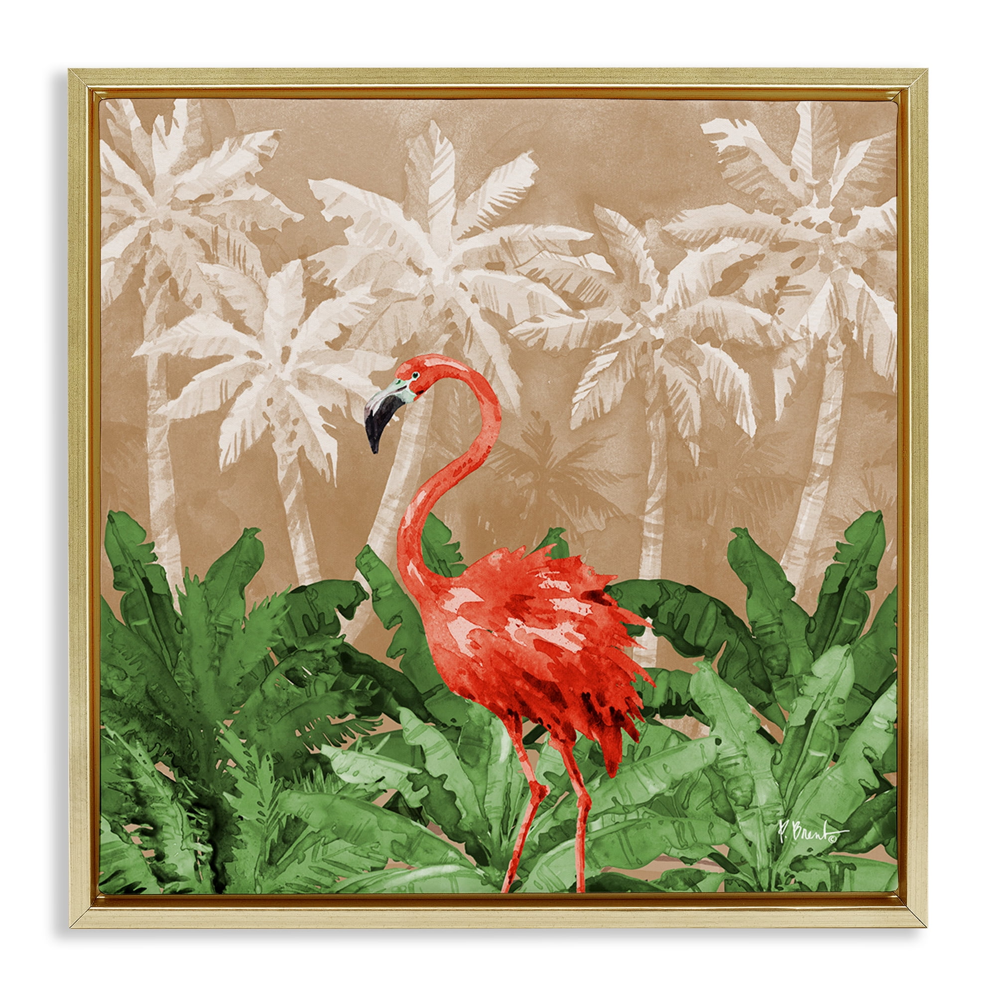 Stupell Industries Flamingo Jungle Scenery Animals & Insects Painting Gold Floater Framed Canvas Art Print Wall Art, 18 x 18