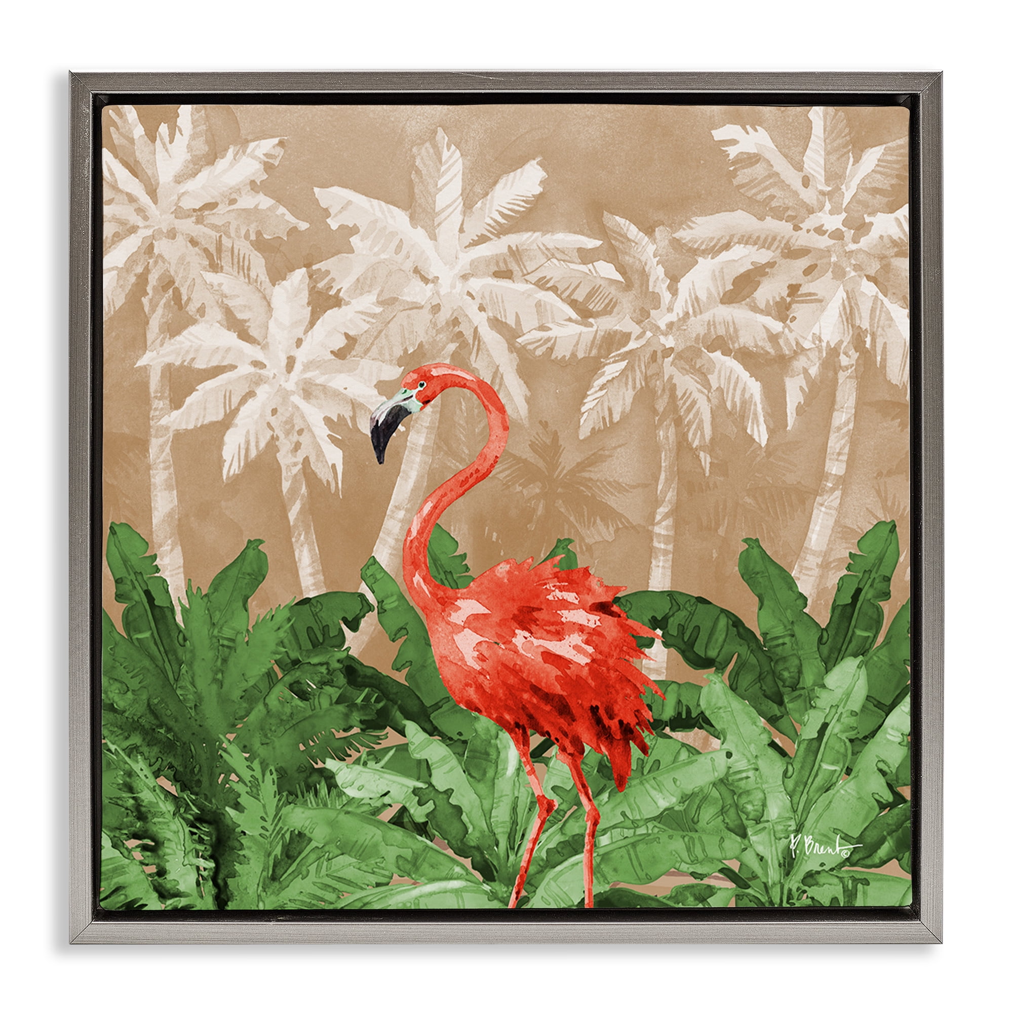 Stupell Industries Flamingo Jungle Scenery Animals & Insects Painting Gray Floater Framed Canvas Art Print Wall Art, 18 x 18