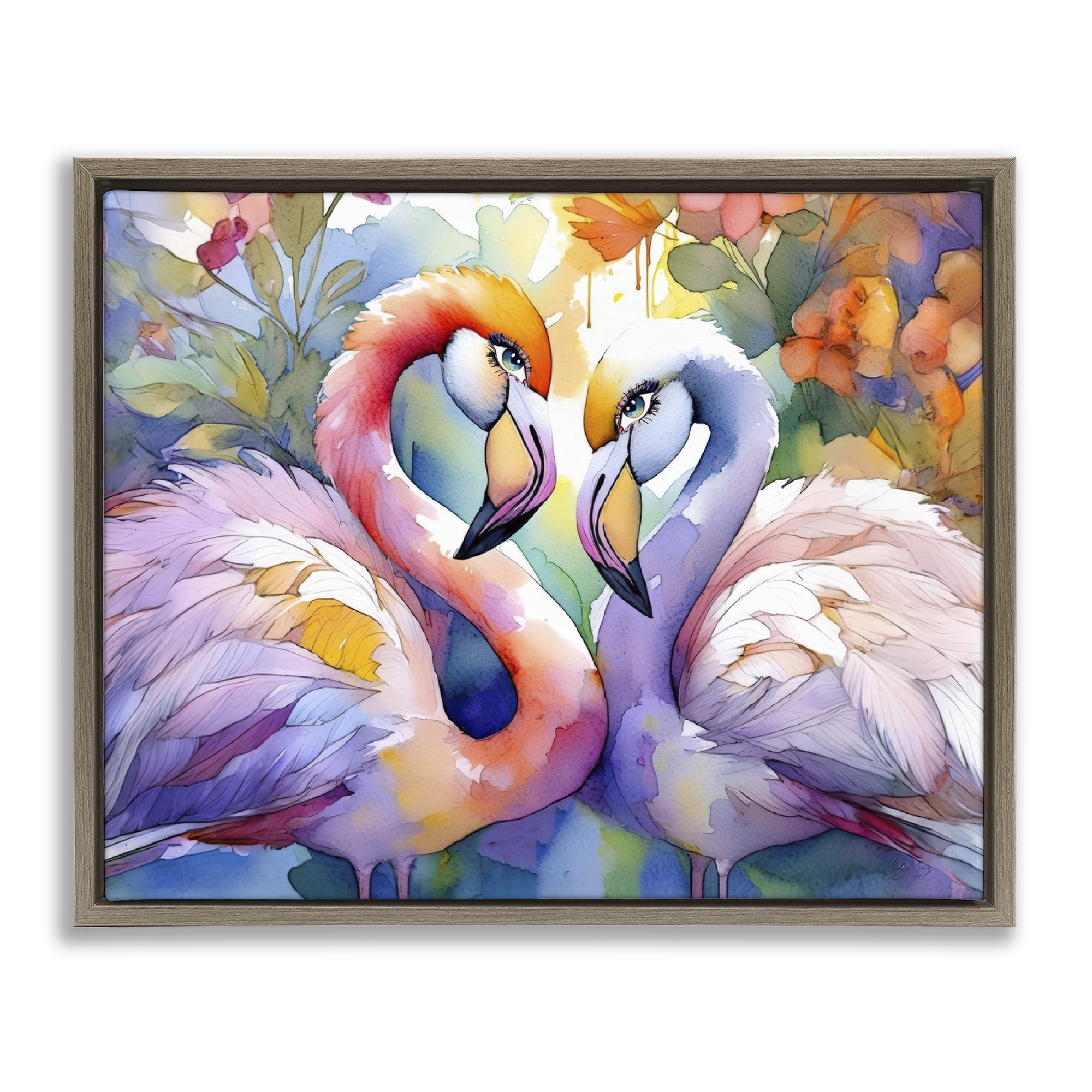 Stupell Industries Flamingo Love Pair Brown Framed Floater Canvas Wall Art, design by Shelly Craig