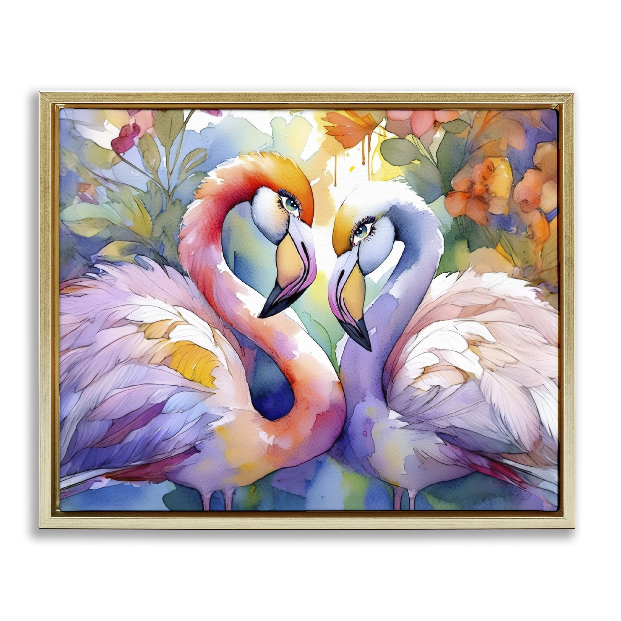 Stupell Industries Flamingo Love Pair Gold Framed Floater Canvas Wall Art, design by Shelly Craig