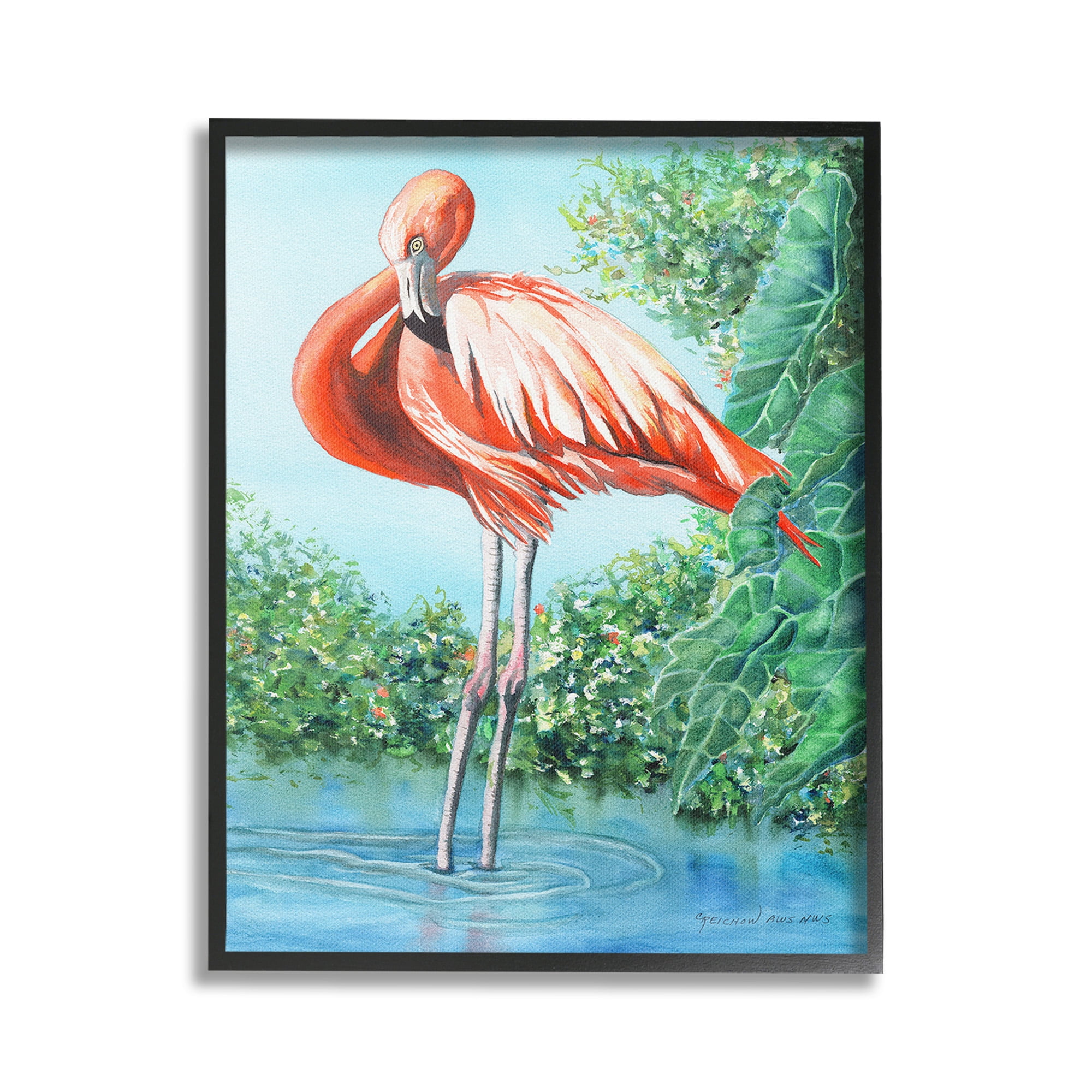 Stupell Industries Flamingo & Lush Nature Animals & Insects Painting Black Framed Art Print Wall Art, 24 x 30