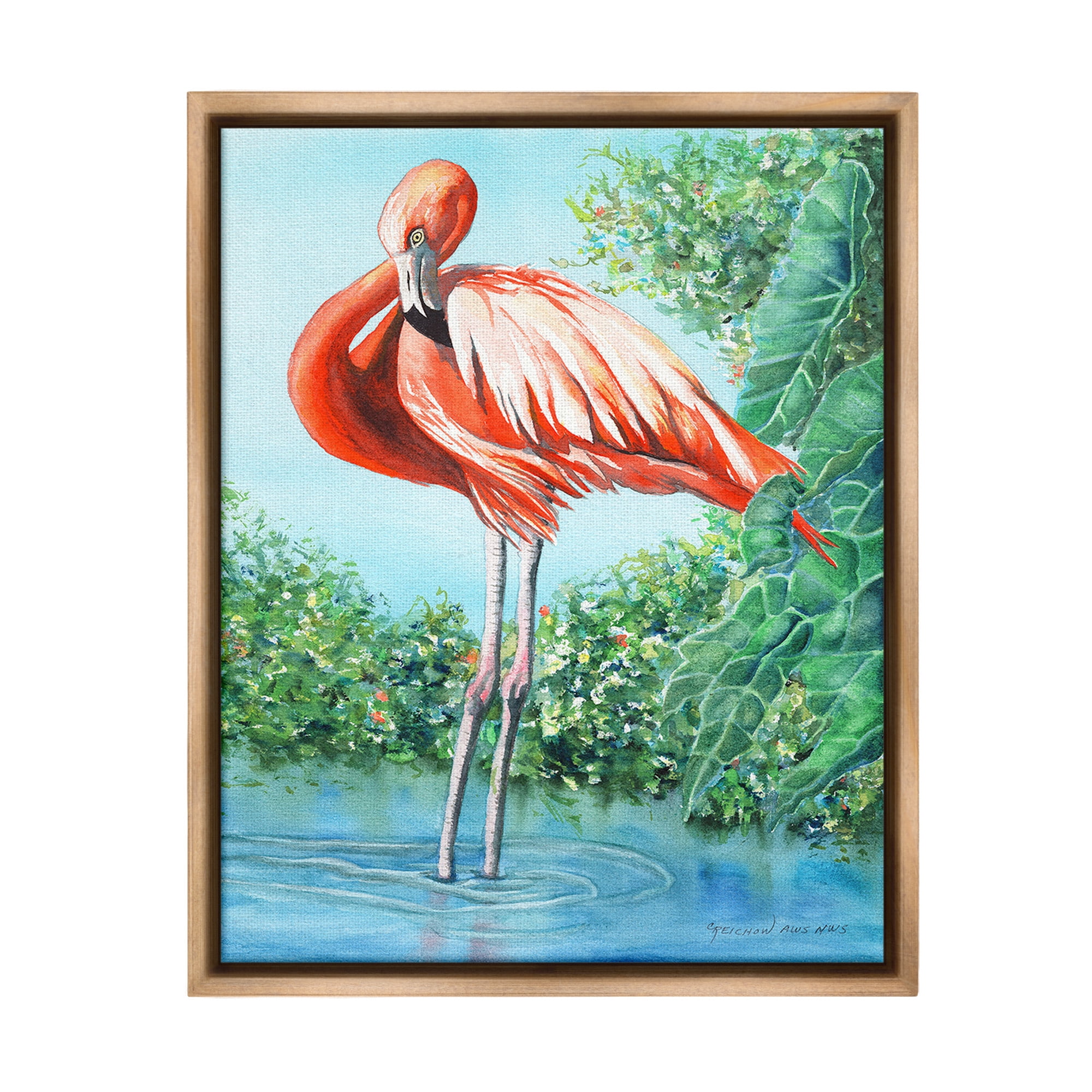 Stupell Industries Flamingo & Lush Nature Animals & Insects Painting Brown Floater Framed Canvas Art Print Wall Art, 25 x 31