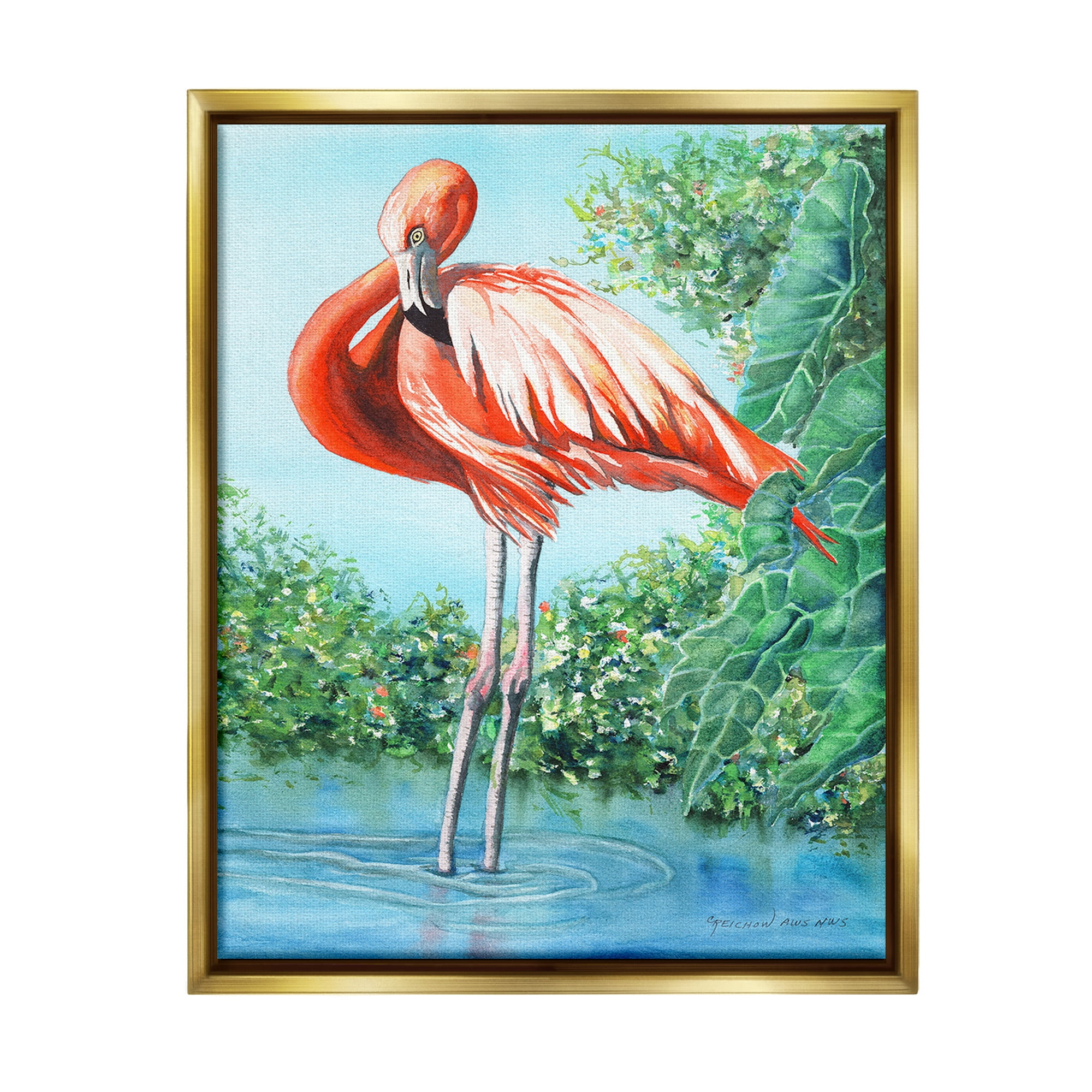 Stupell Industries Flamingo & Lush Nature Animals & Insects Painting Gold Floater Framed Canvas Art Print Wall Art, 25 x 31