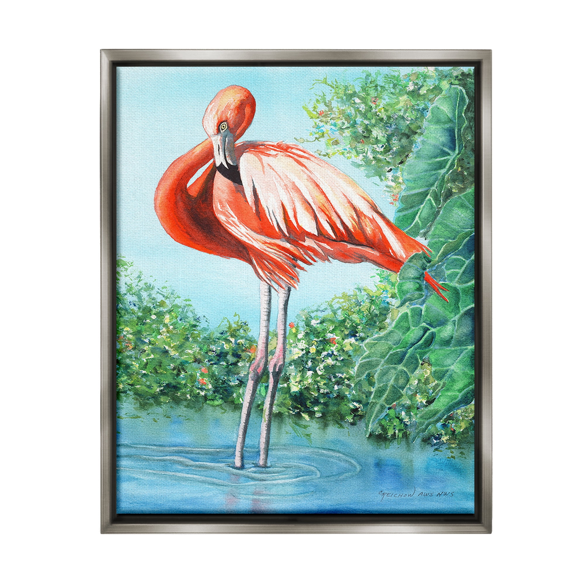 Stupell Industries Flamingo & Lush Nature Animals & Insects Painting Gray Floater Framed Canvas Art Print Wall Art, 17 x 21