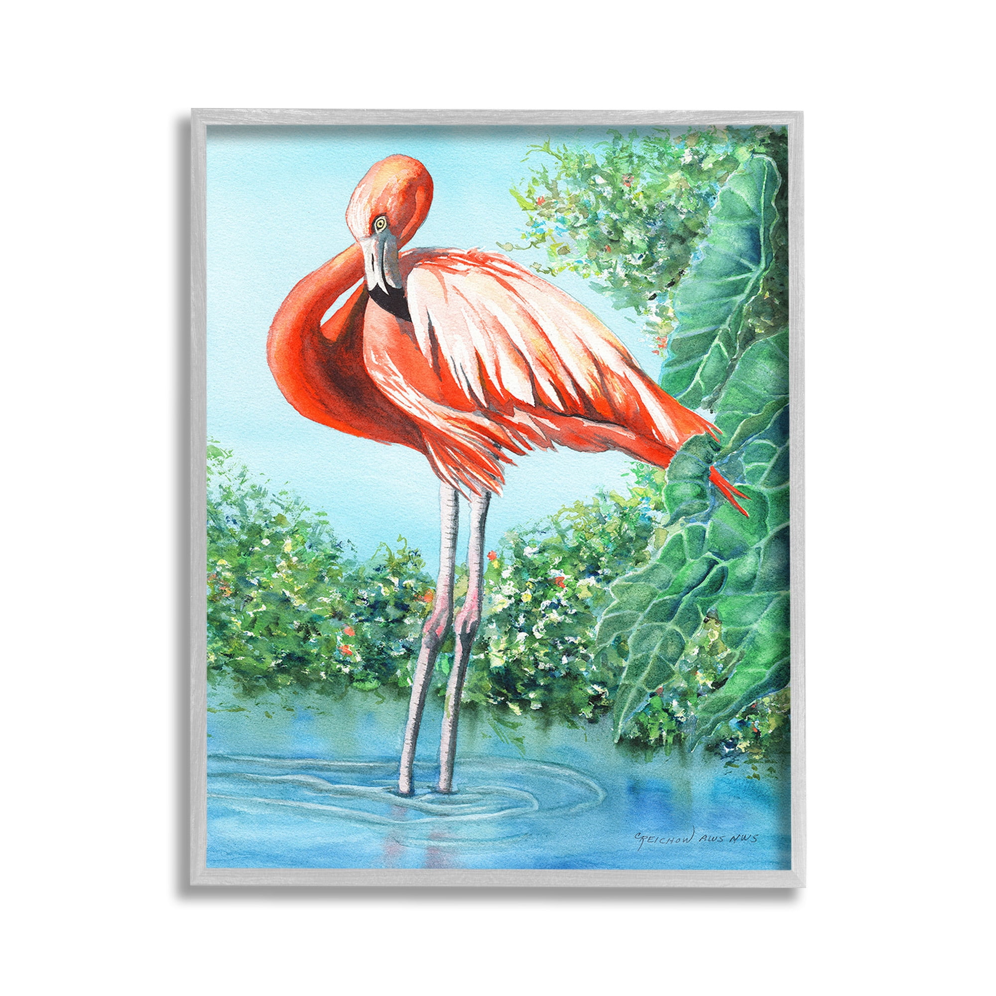 Stupell Industries Flamingo & Lush Nature Animals & Insects Painting Gray Framed Art Print Wall Art, 11 x 14