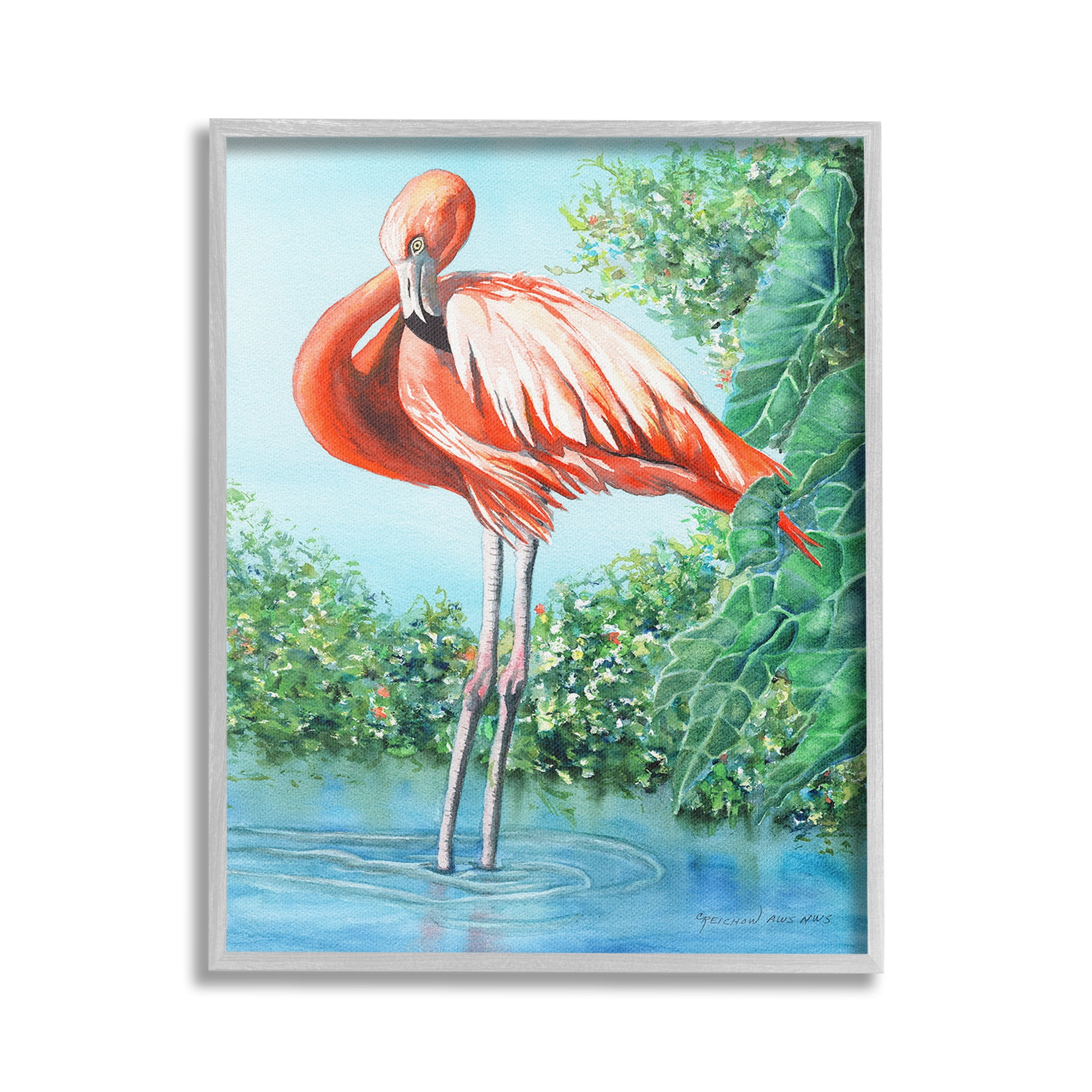 Stupell Industries Flamingo & Lush Nature Animals & Insects Painting Gray Framed Art Print Wall Art, 24 x 30