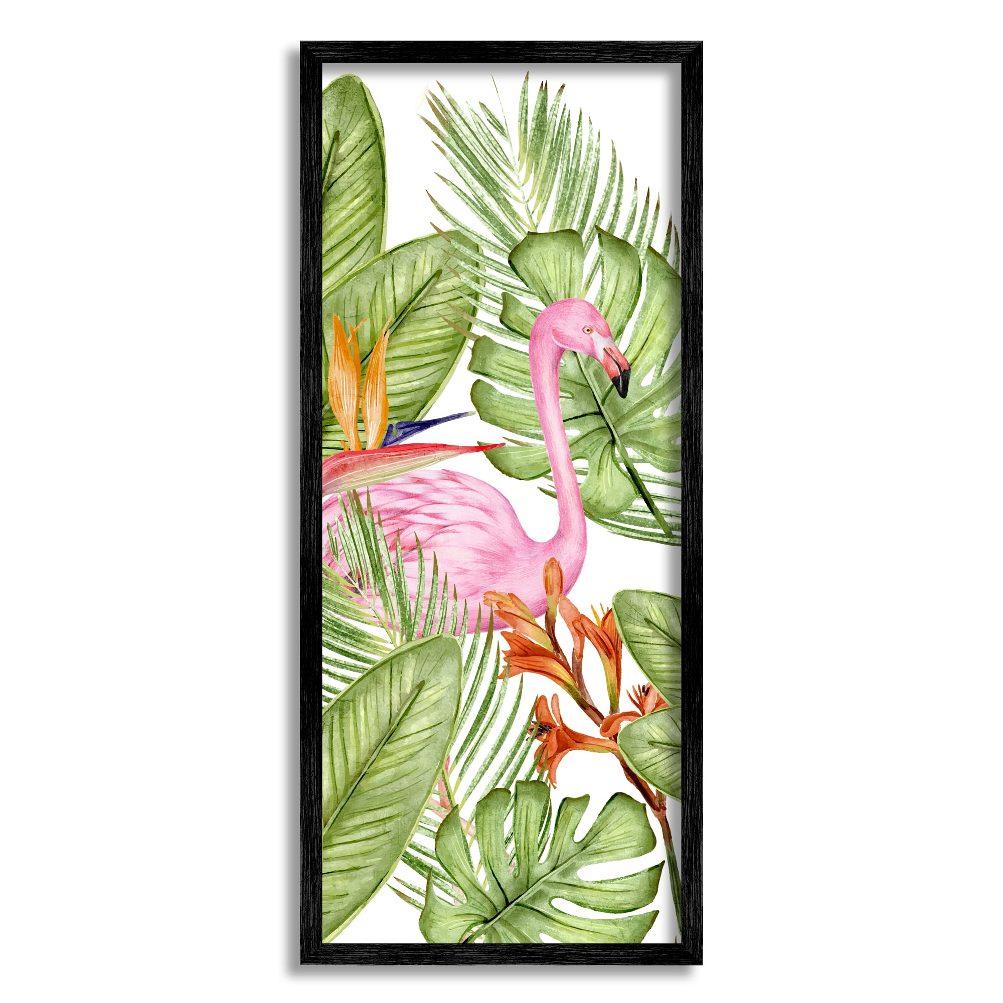 Stupell Industries Flamingo & Monstera Leaves Animals & Insects Painting Black Framed Art Print Wall Art, 10 x 24