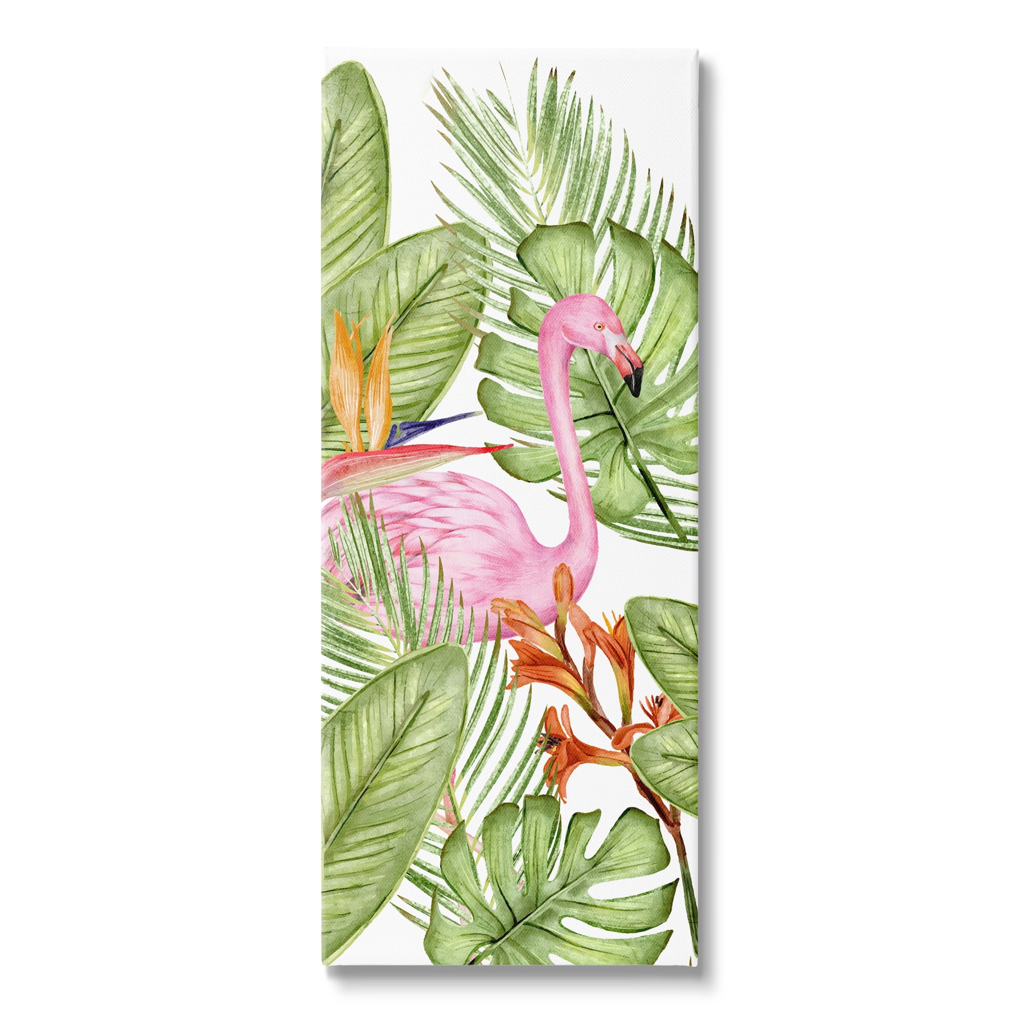 Tropical Flamingo and Monstera Leaves Canvas Wall Art, 17 x 40