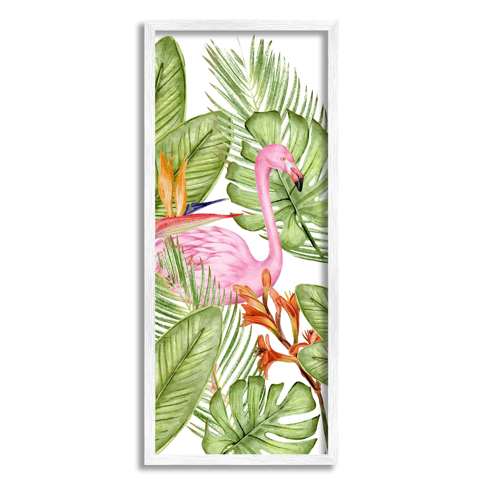 White Framed Flamingo and Monstera Leaves Canvas Print, 10 x 24