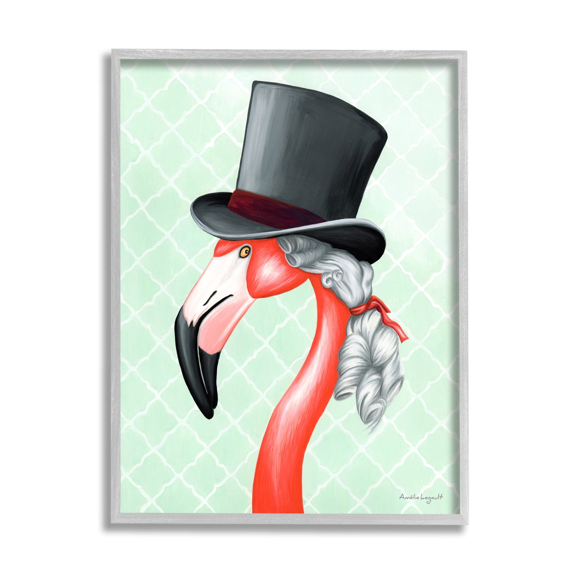 Flamingo with Top Hat Animal Print on Canvas in Gray Frame