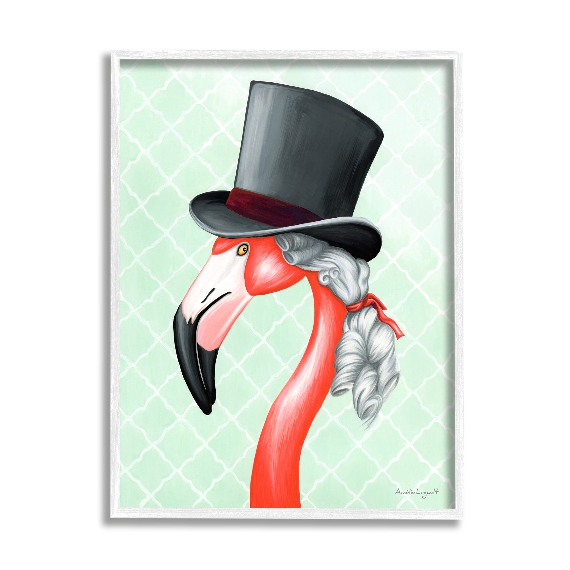 Stupell Industries Flamingo Old-Fashioned Hair Top Hat Patterned Squares Graphic Art White Framed Art Print Wall Art, Design by Amelie Legault