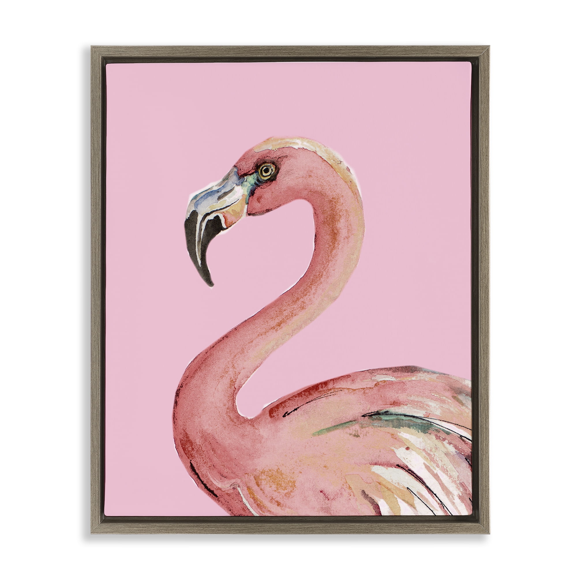 Stupell Industries Flamingo On Pink Animals & Insects Painting Brown Floater Framed Canvas Art Print Wall Art, 17 x 21