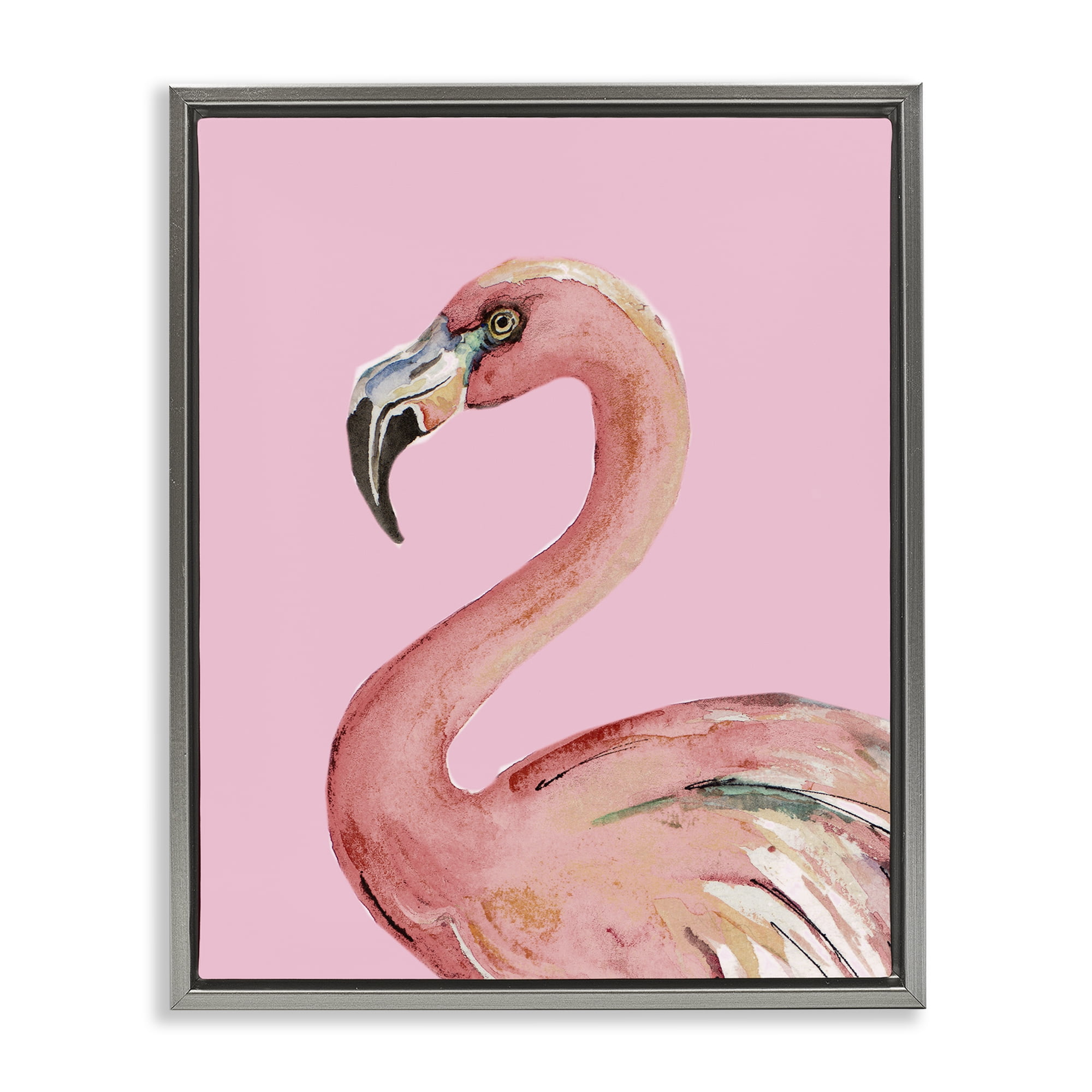 Stupell Industries Flamingo On Pink Animals & Insects Painting Gray Floater Framed Canvas Art Print Wall Art, 17 x 21