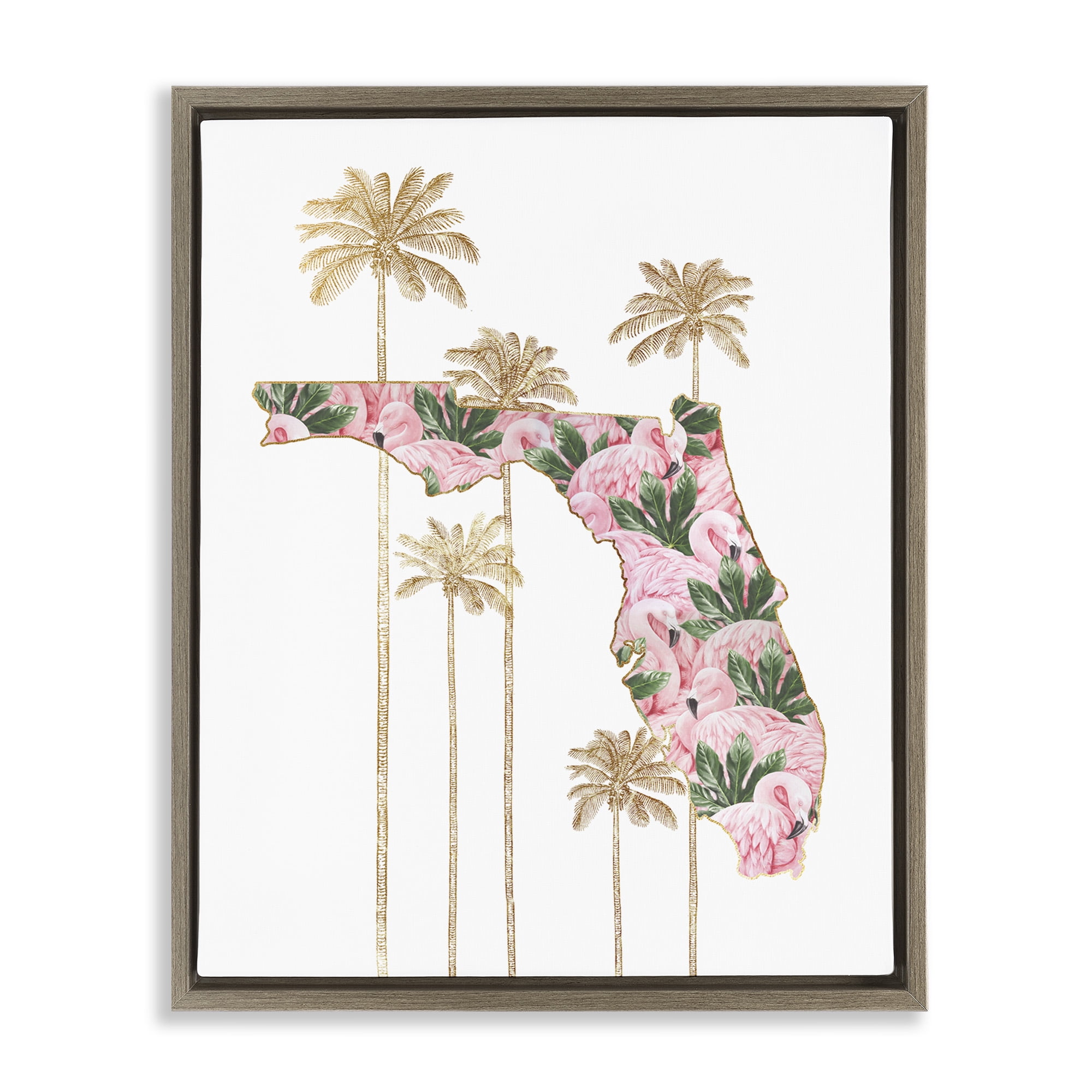 Stupell Industries Flamingo Patterened Florida Town & City Painting Brown Floater Framed Canvas Art Print Wall Art, 17 x 21