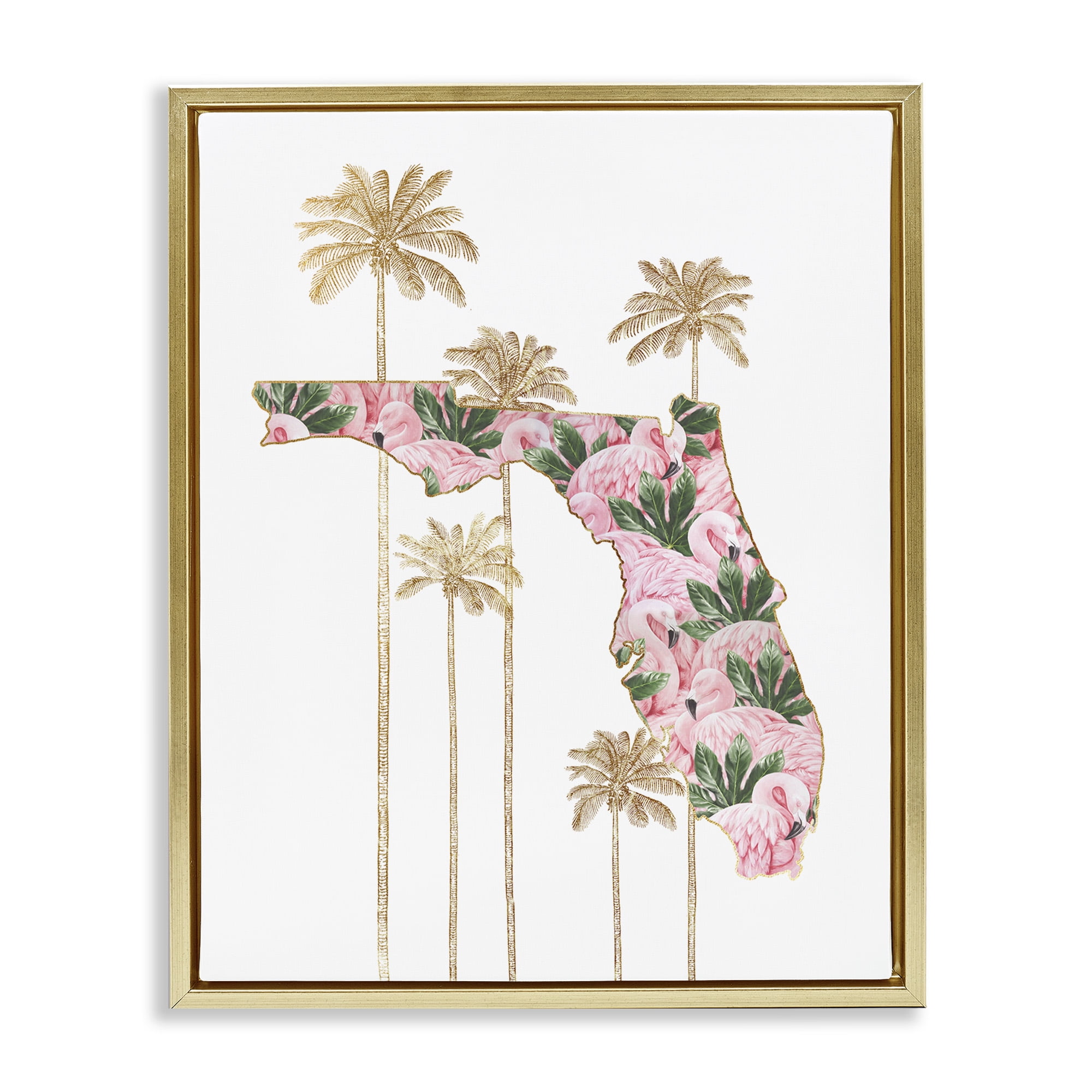 Stupell Industries Flamingo Patterened Florida Town & City Painting Gold Floater Framed Canvas Art Print Wall Art, 17 x 21