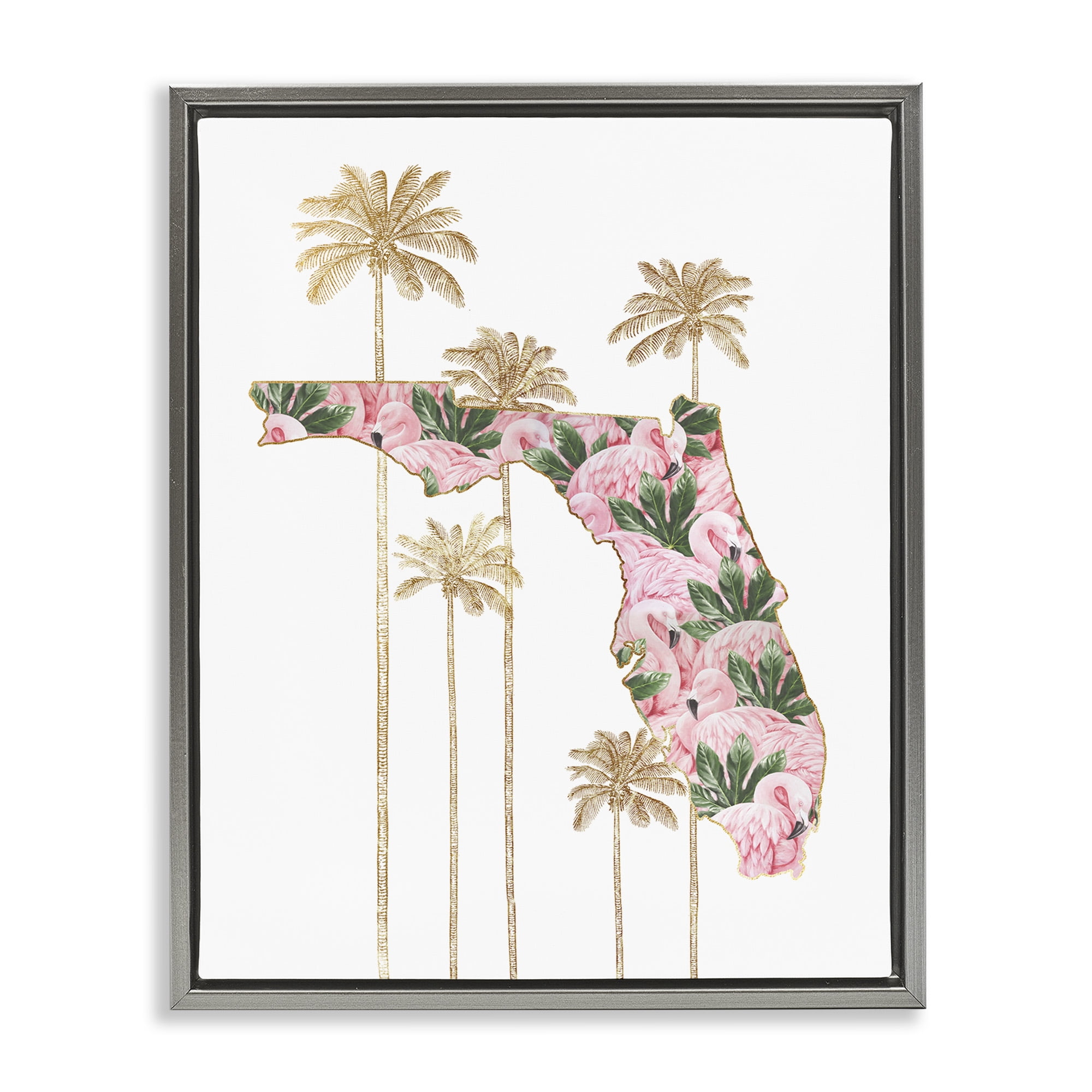 Stupell Industries Flamingo Patterened Florida Town & City Painting Gray Floater Framed Canvas Art Print Wall Art, 17 x 21