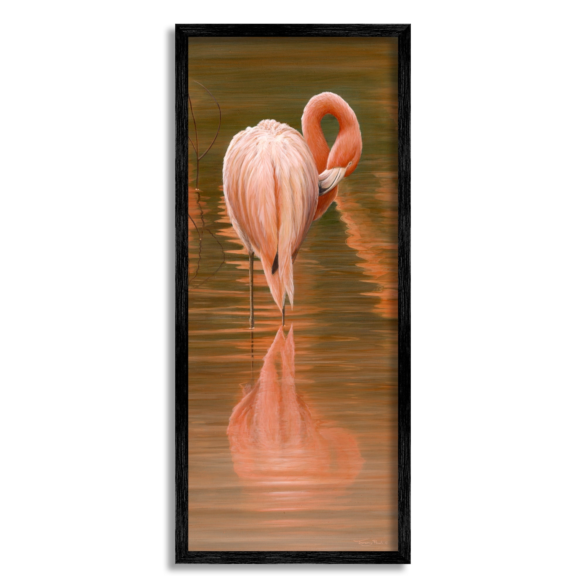 Flamingo Preening Water Reflection Canvas Print with Black Frame