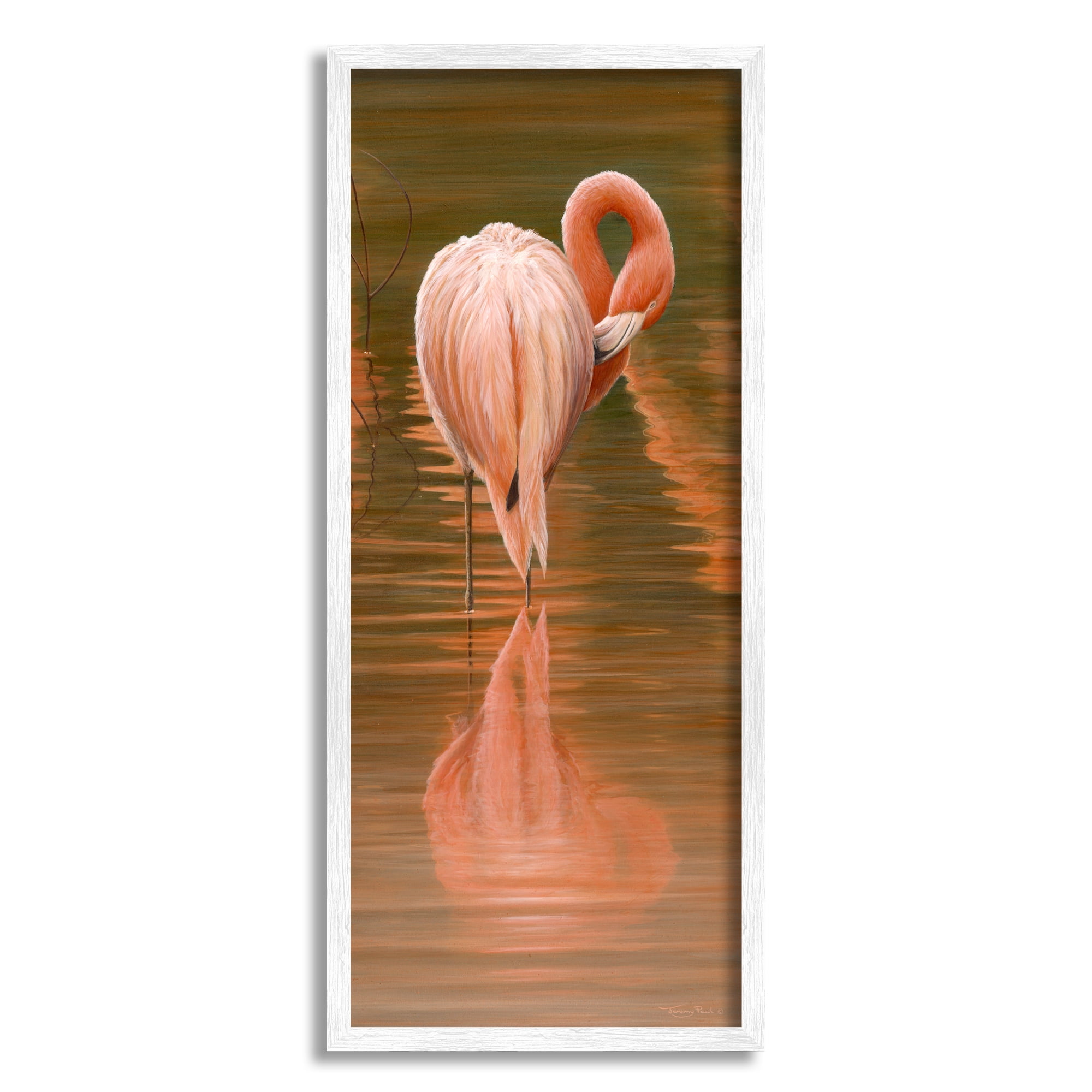 Stupell Industries Flamingo Preening Water Reflection Animals & Insects Painting White Framed Art Print Wall Art