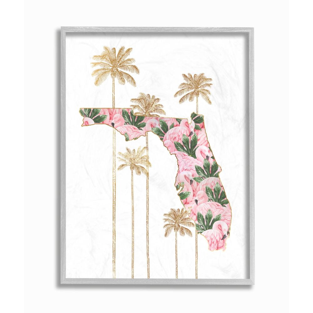 Gray Framed Flamingo Print Florida State Wall Art, 16x20