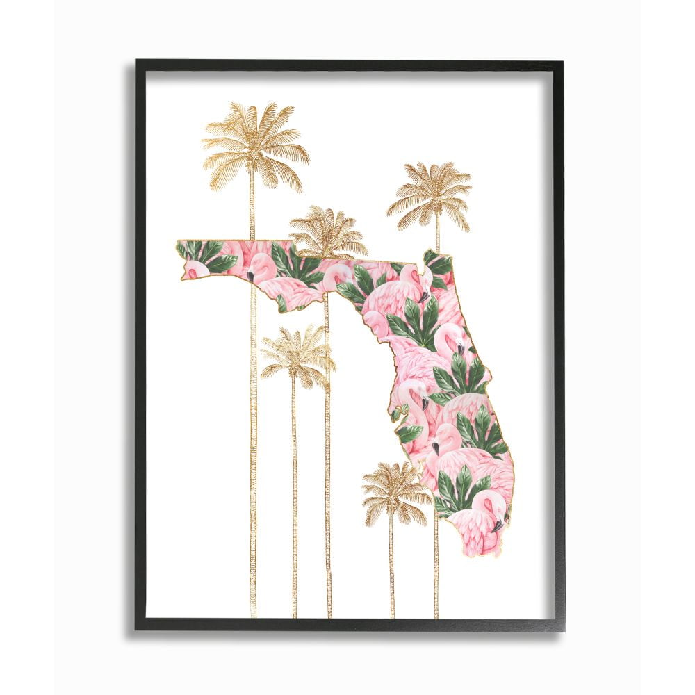 Flamingo and Palm Tree Print on Canvas with Black Frame