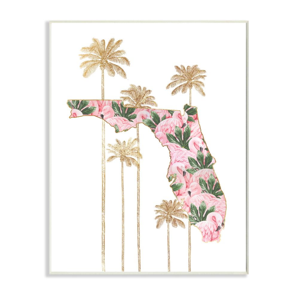 Flamingo Print Florida State Wall Plaque in White MDF Wood